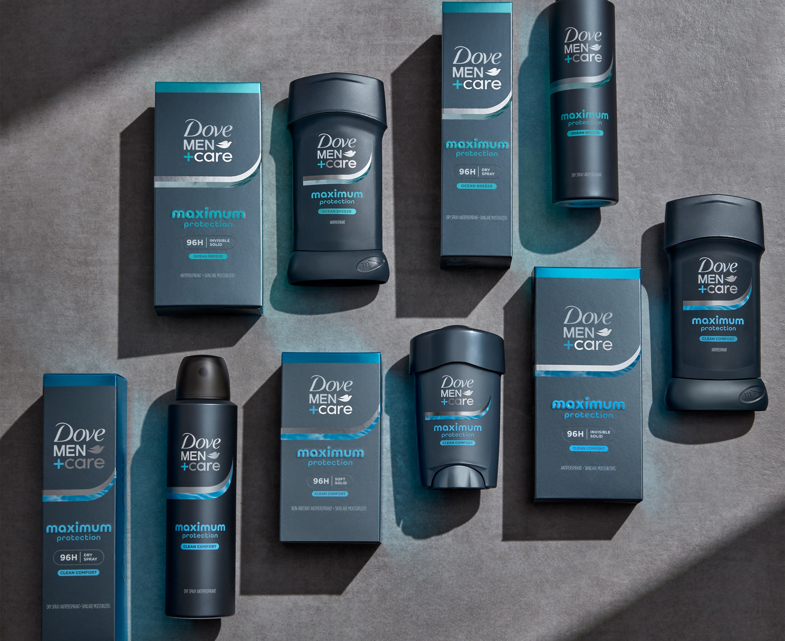 Maximum protection antiperspirant range layered against a grey background 