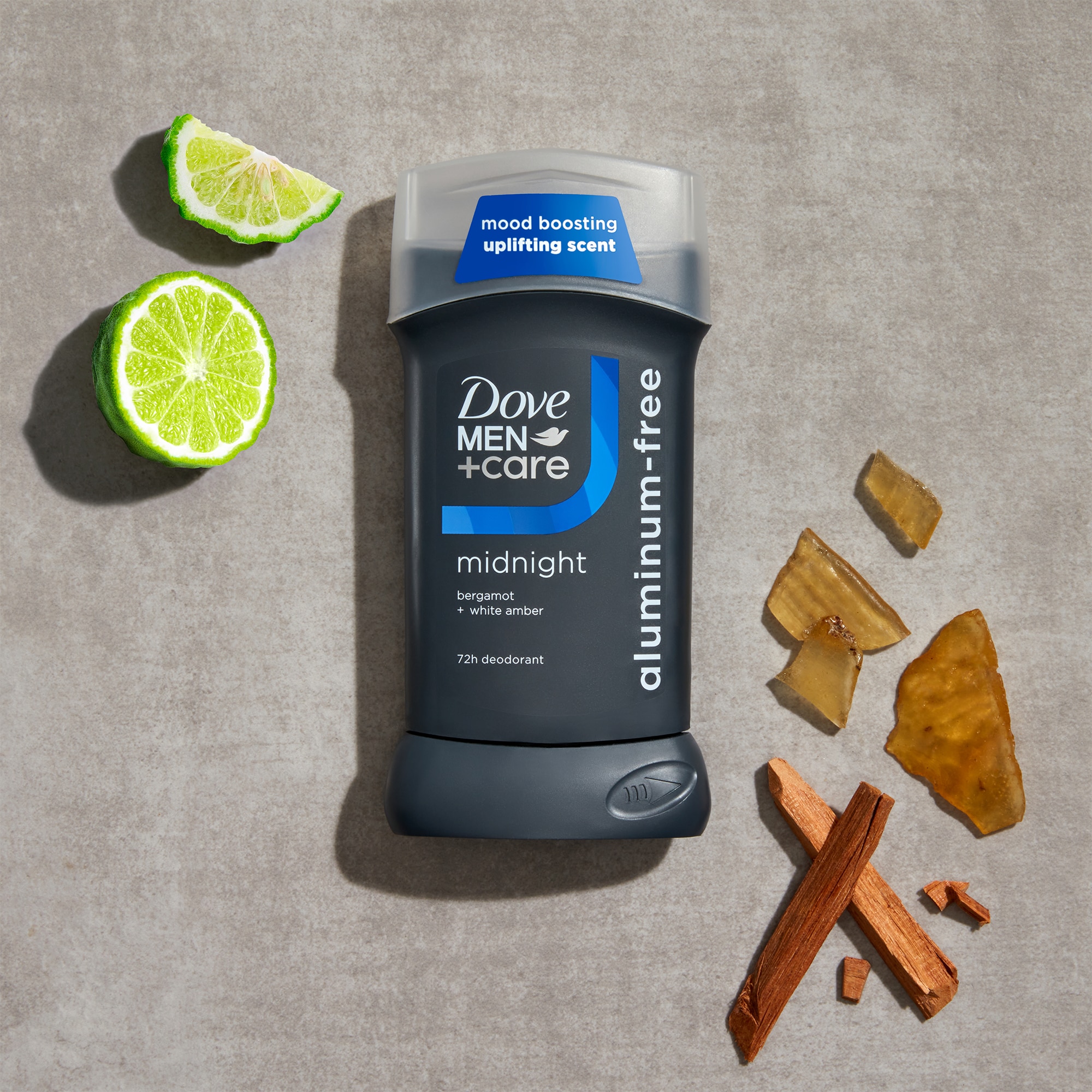 Midnight deodorant stick next to ingredients.