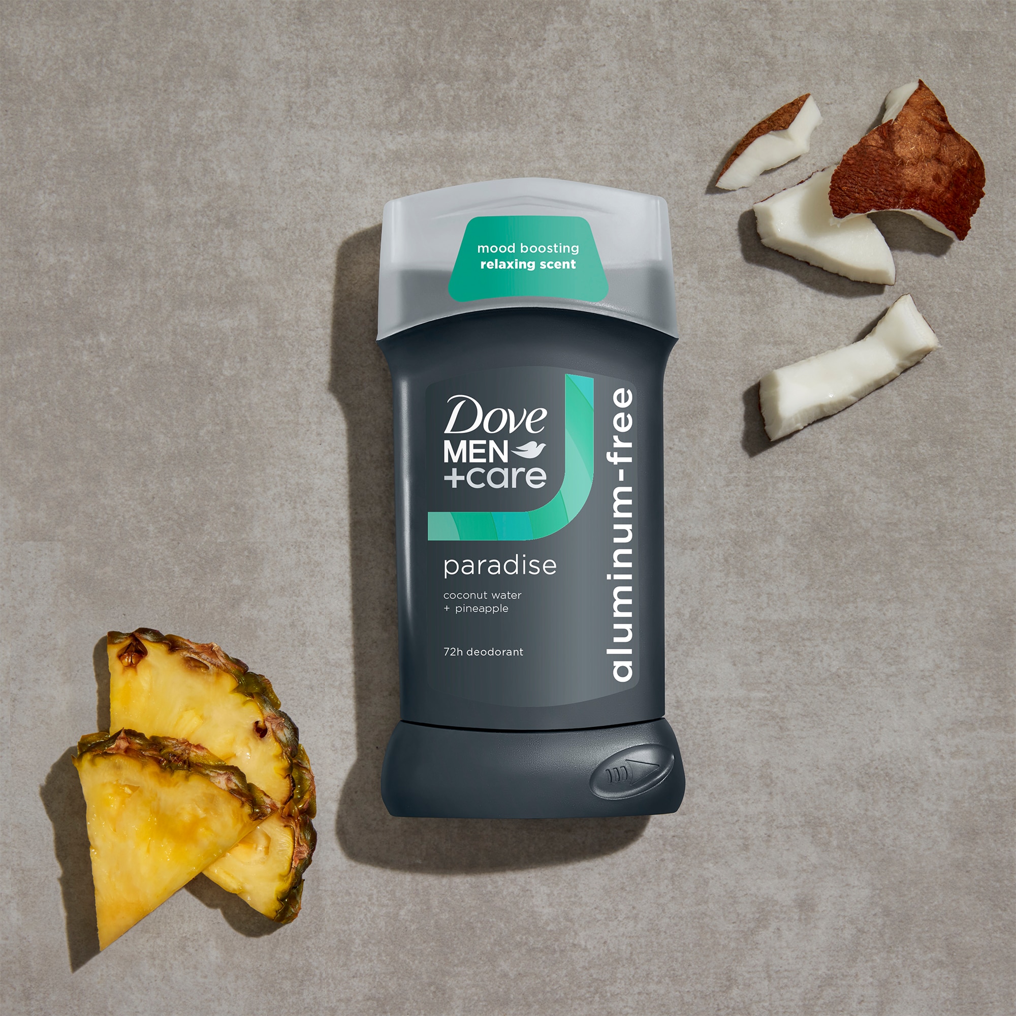 Paradise deodorant stick next to ingredients.