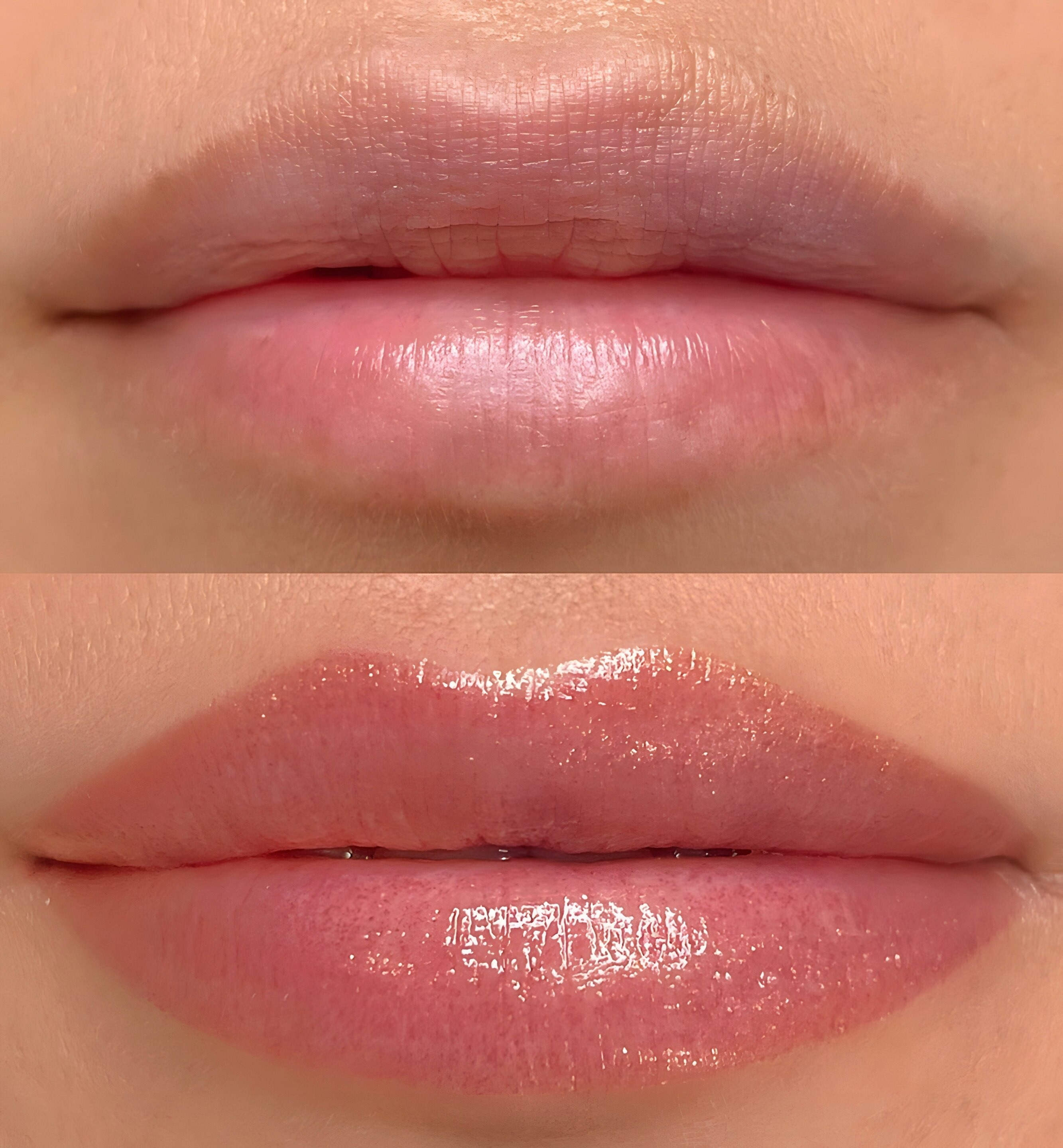 Before and after photo of a lip tattoo procedure.