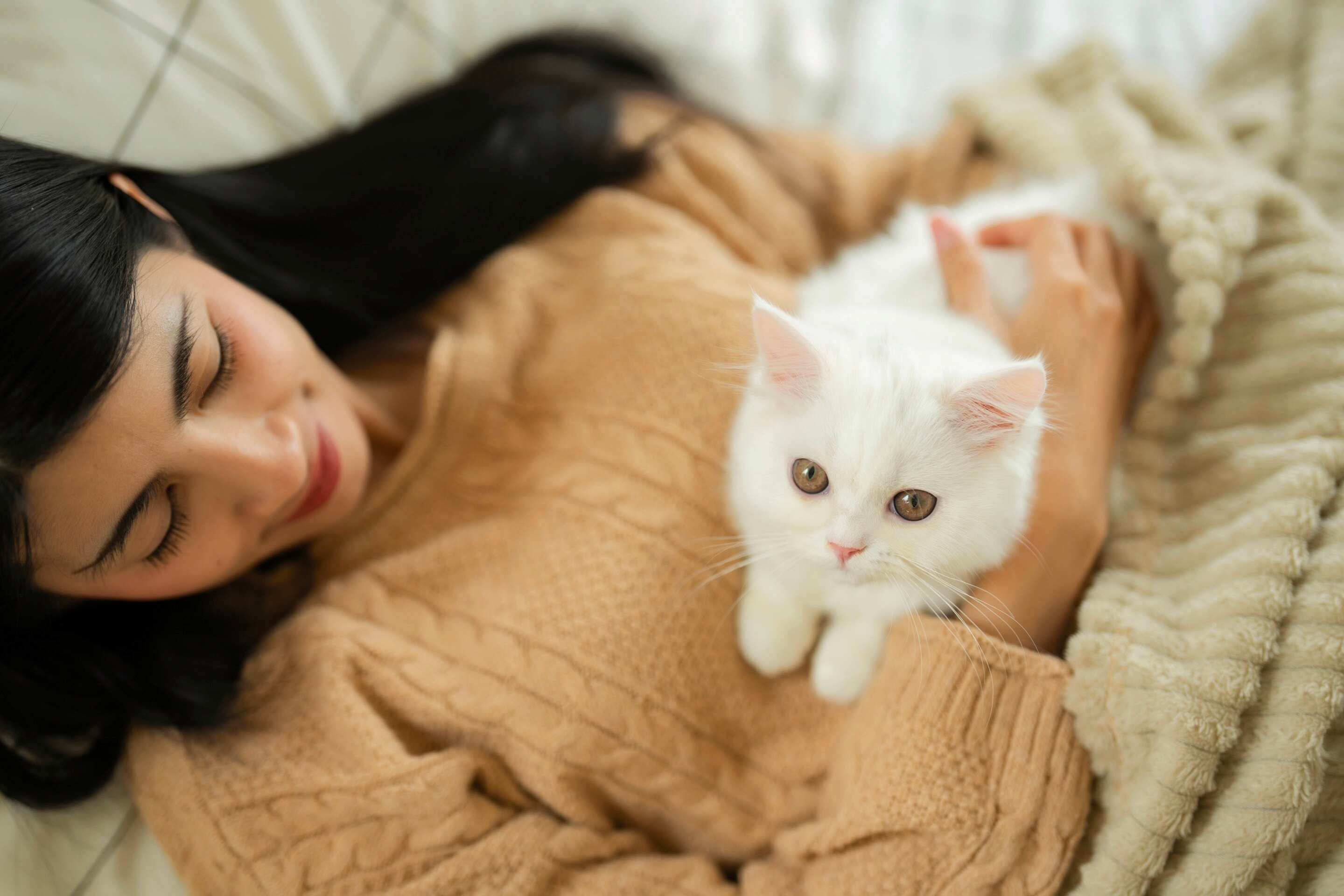 A woman lies in bed with her cat.