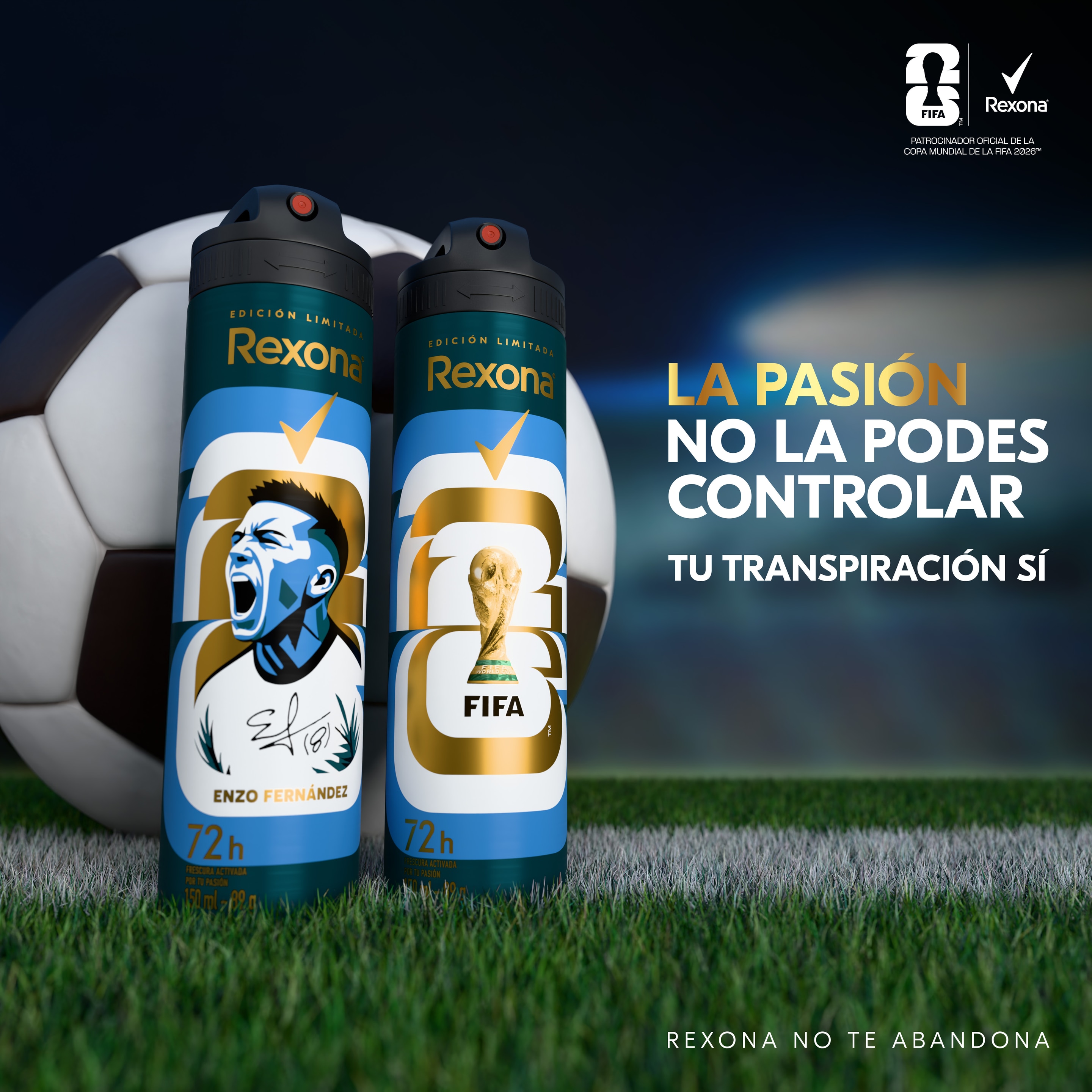 Envase de desodorante en aerosol Rexona Men Antitranspirante Aerosol Futbol Edición Limitada FIFAWC26 Enzo Fernandez. packshot