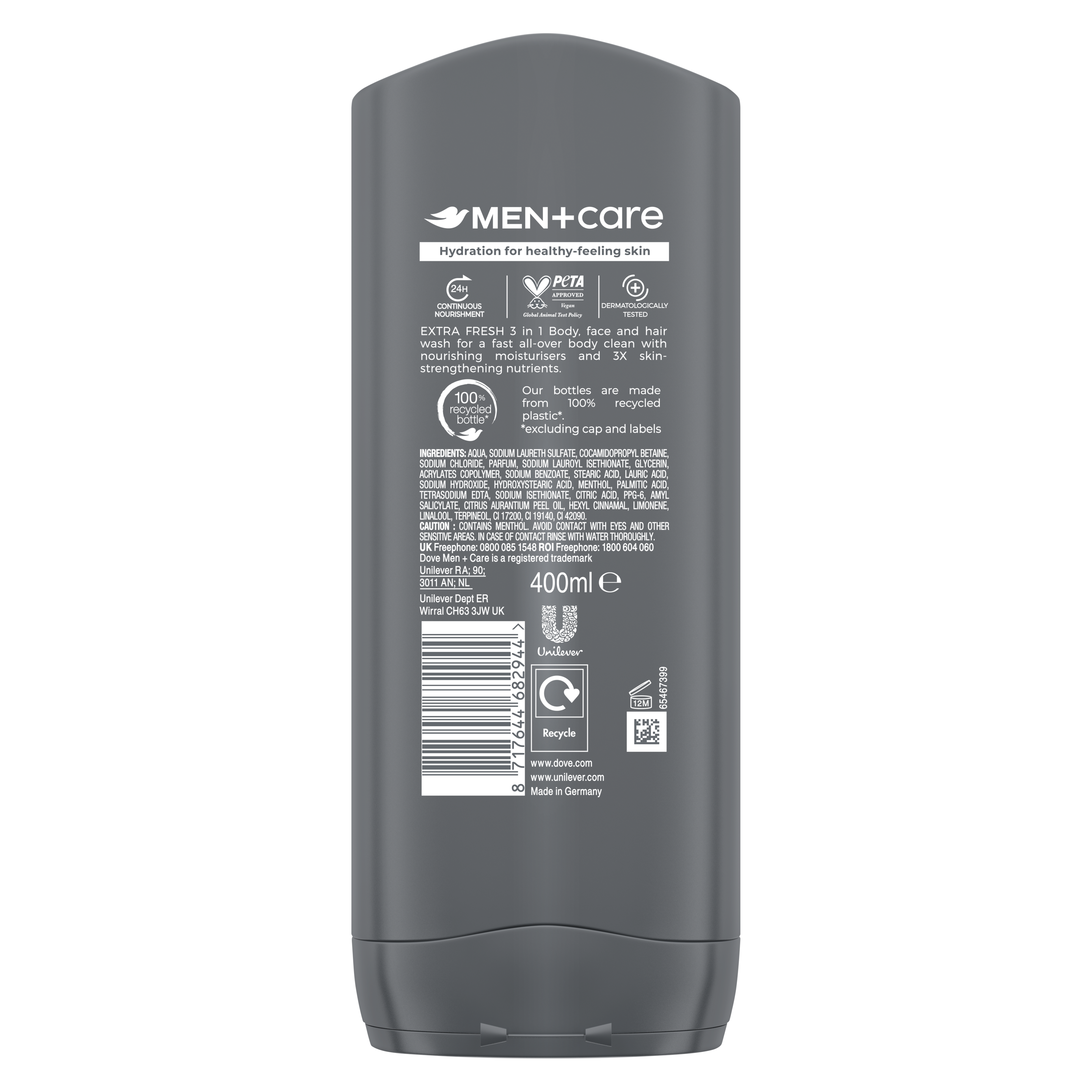 Dove Men Care Refreshing Extra Fresh 3-in-1 Body, Face + Hair Wash packshot