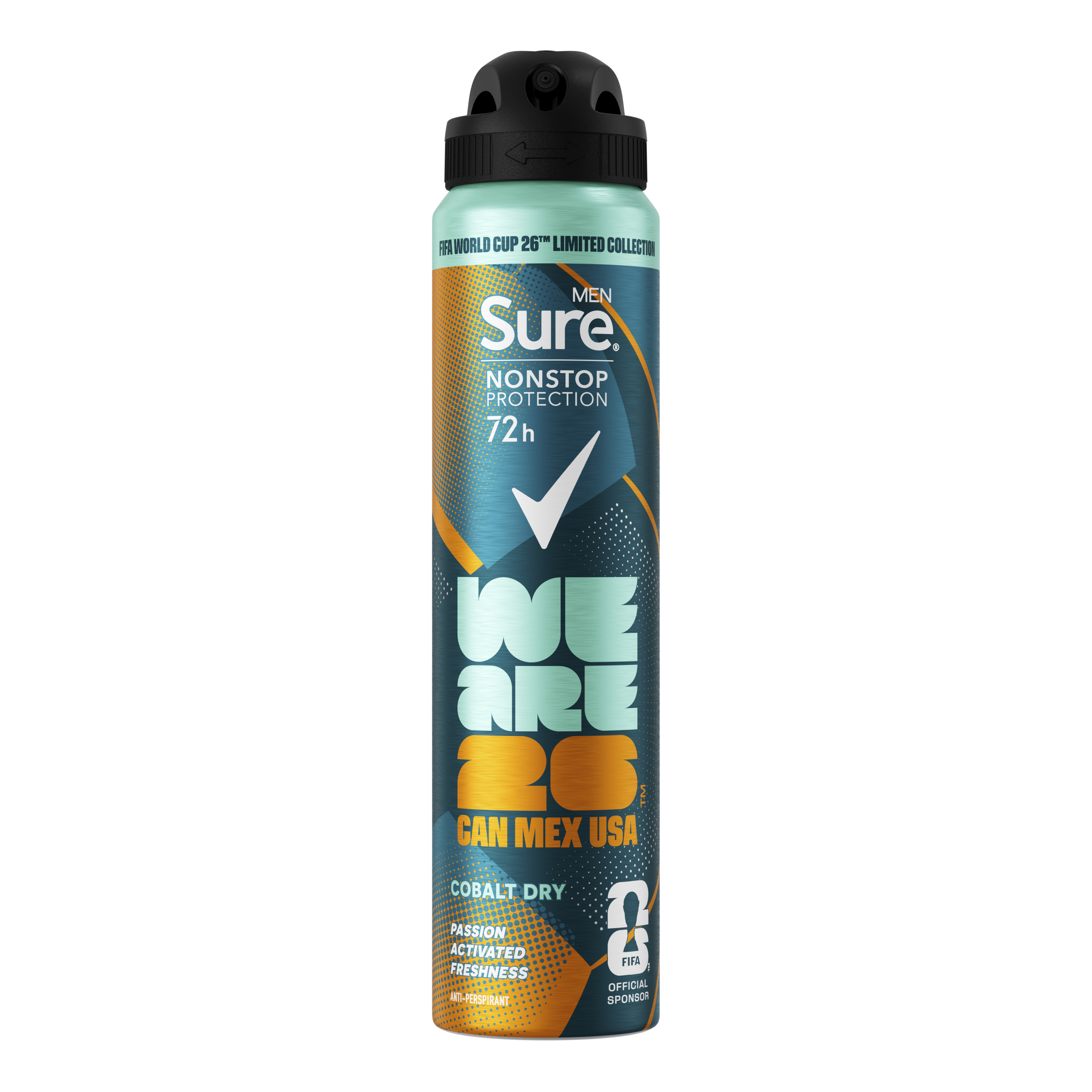 Sure Men Nonstop Protection FIFA Limited Collection Cobalt Dry  men's deodorant spray with passion activated freshness Anti-Perspirant Aerosol for 72 hour odour and sweat protection 6x 250 ml packshot
