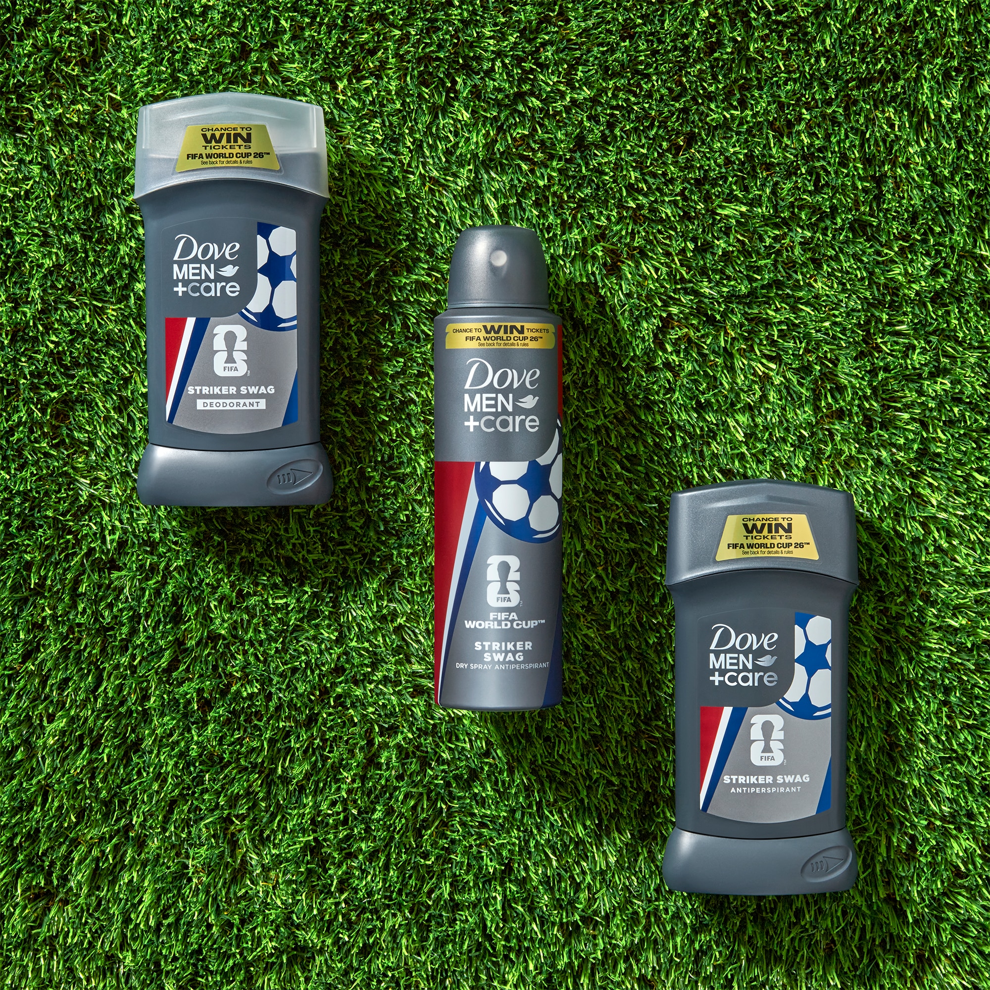 Striker swag deodorant range against a grassy background
