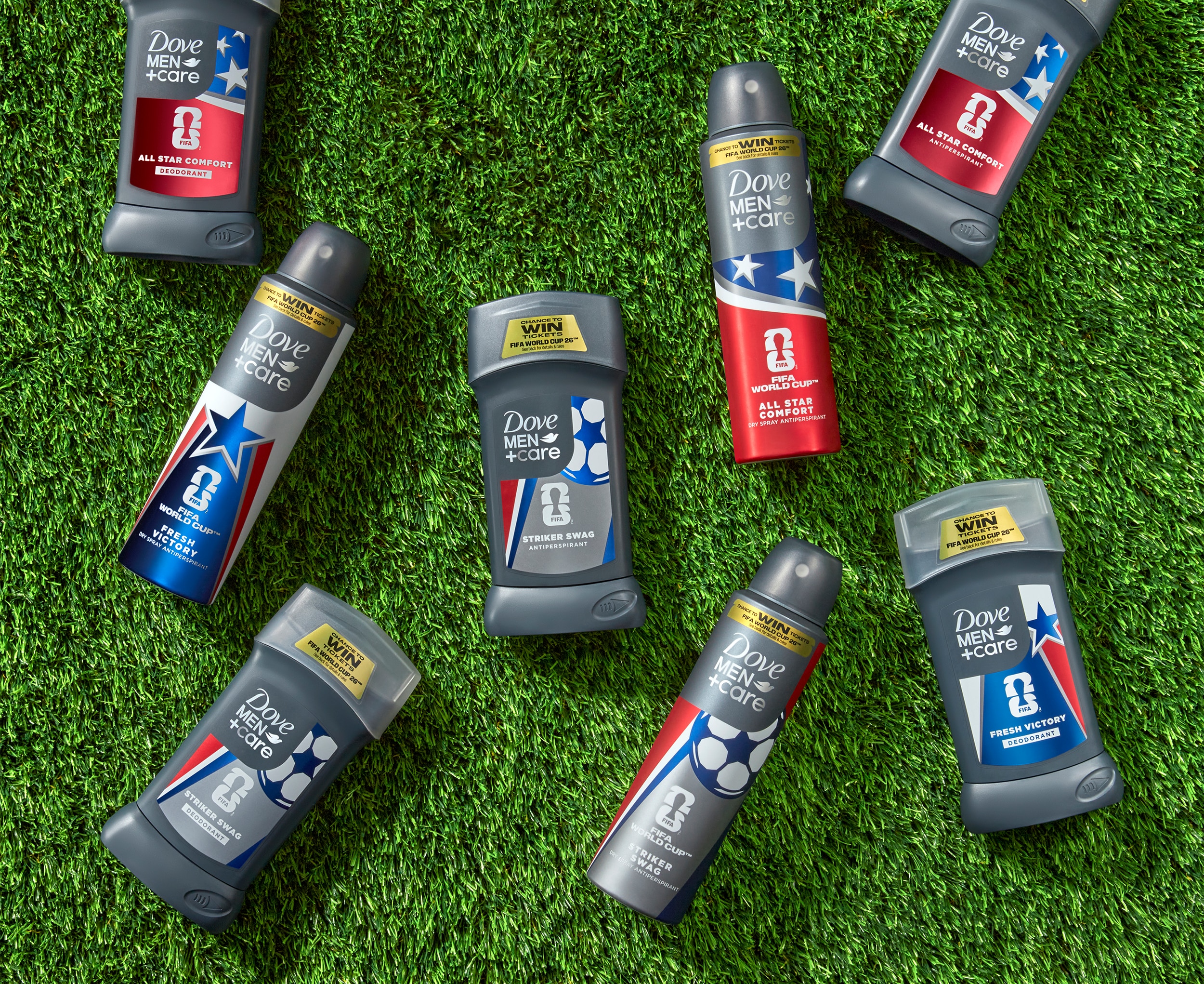 FIFA World Cup 26™ Deodorants displayed on a grrassy field.