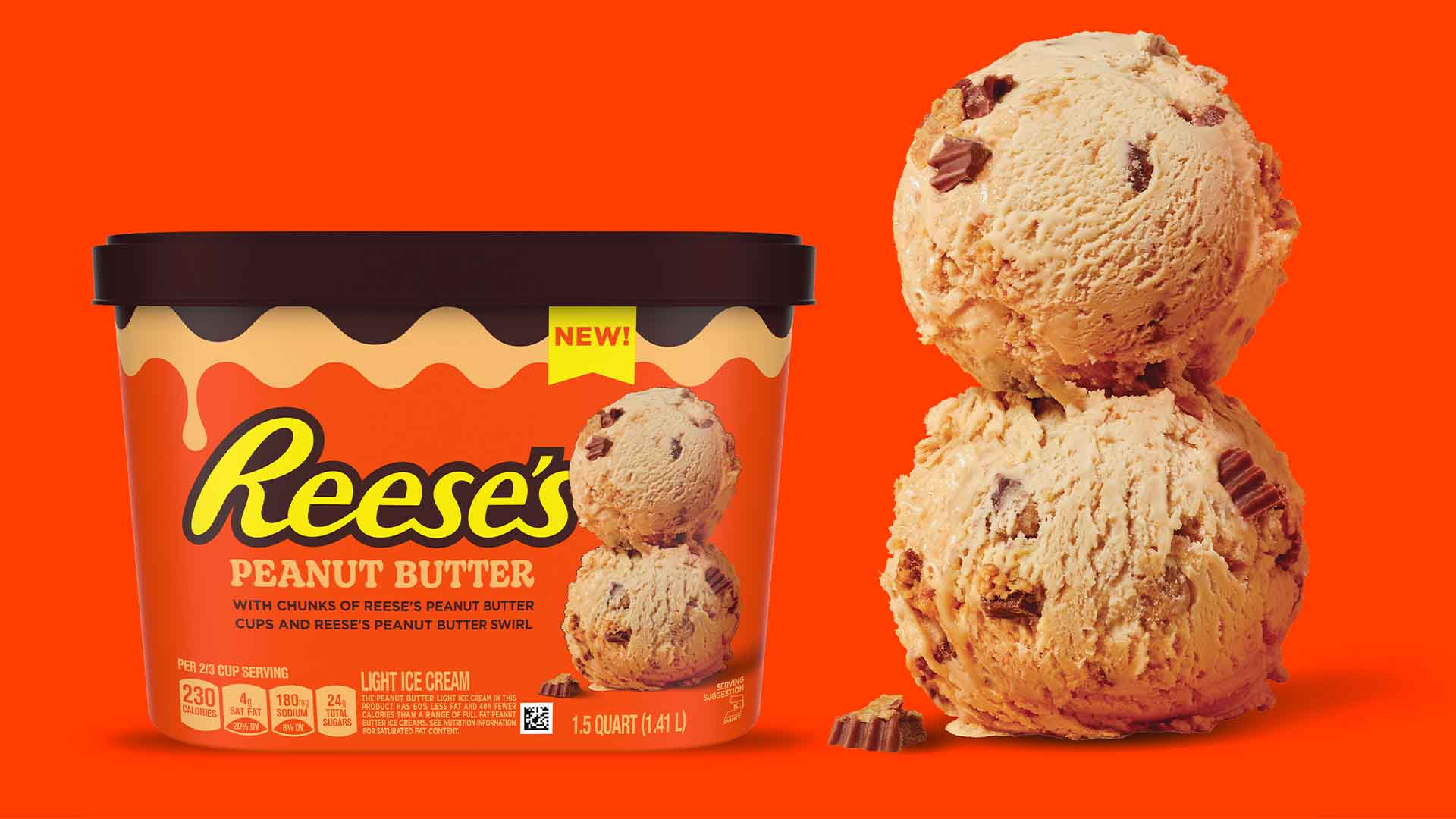 Tub and scoops of REESE’S Peanut Butter ice cream