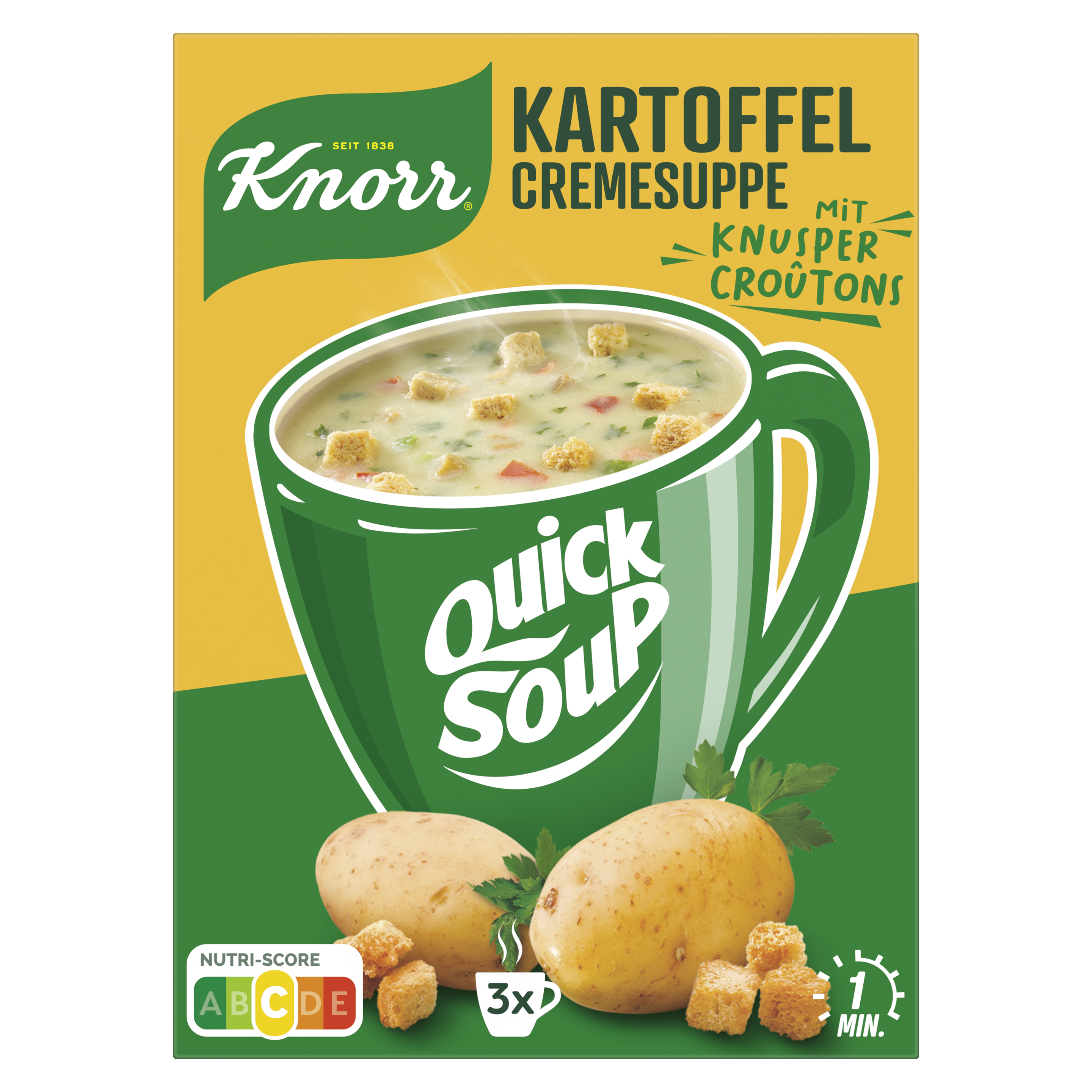 Knorr Quick  Soup Kartoffelcreme mit Knusper Croûtons ergibt 3 x 150 ml packshot