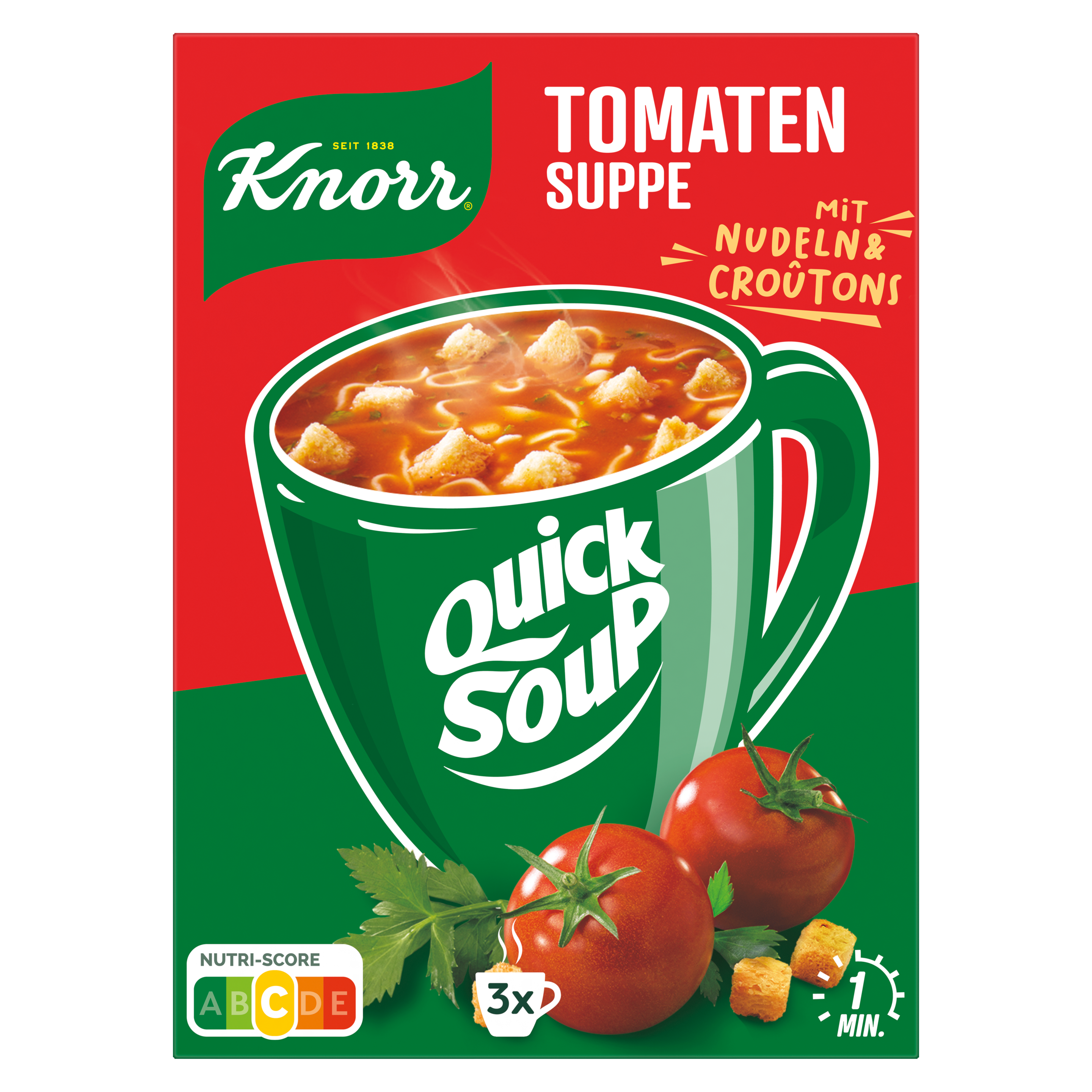 Knorr Quick Soup Tomatensuppe mit Nudeln und Croûtons ergibt 3 x 150ml