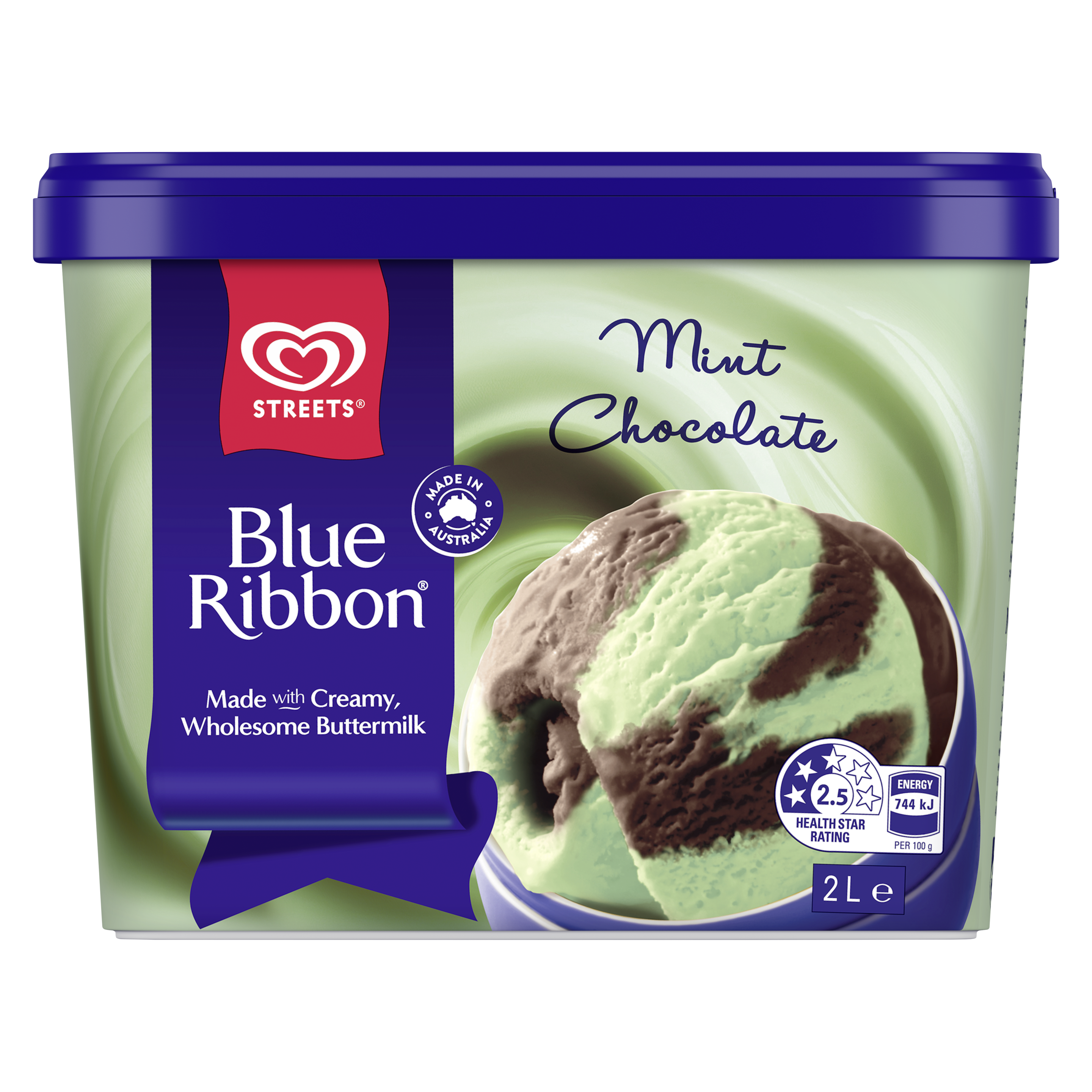 Blue Ribbon ice cream tub coloured with swirls of brown and green. 'Mint Chocolate' written above an ice cream scoop. packshot