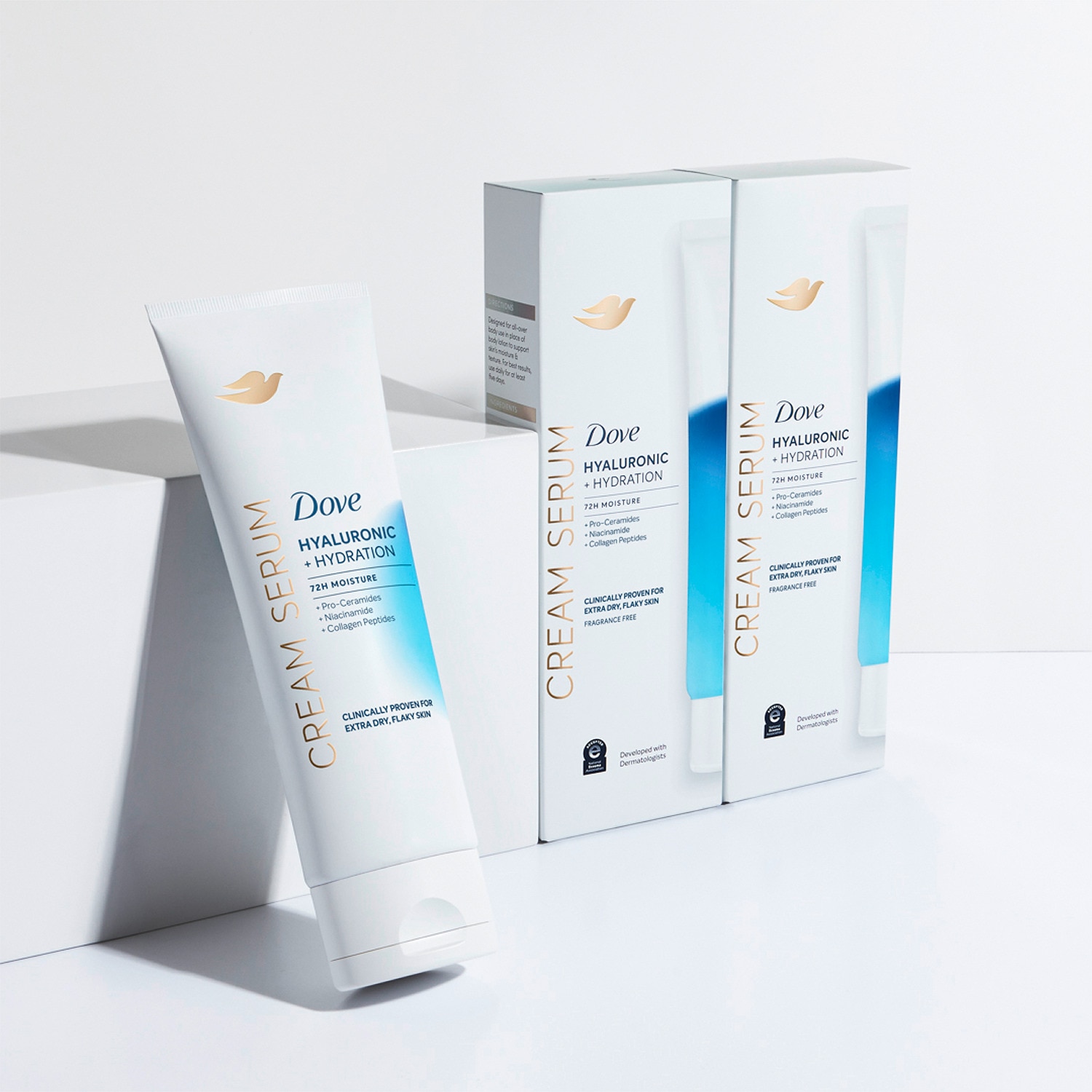 Dove product line up of three Dove Hydrating Serum bottles