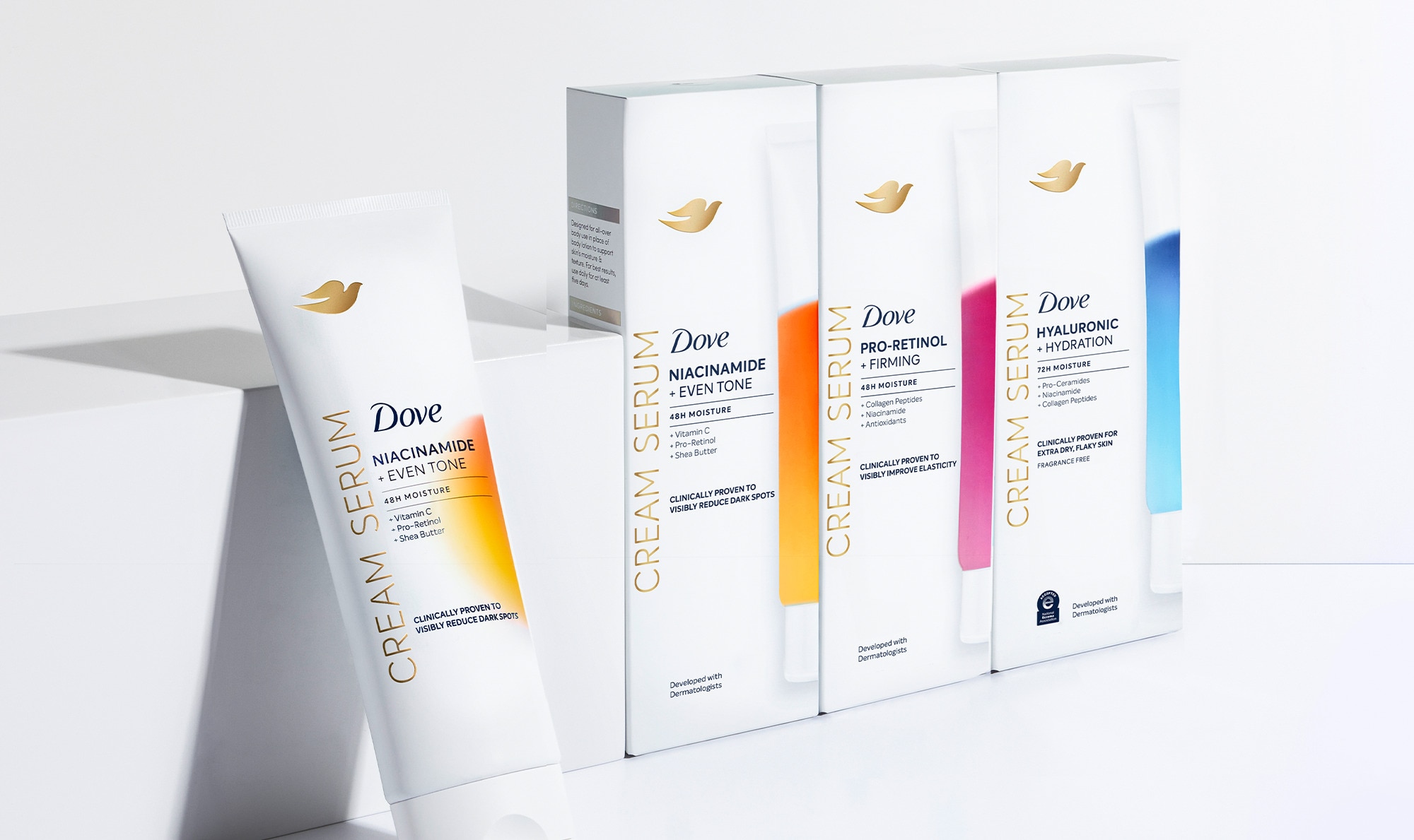 Dove product line up of four Dove Hydrating Serum bottles