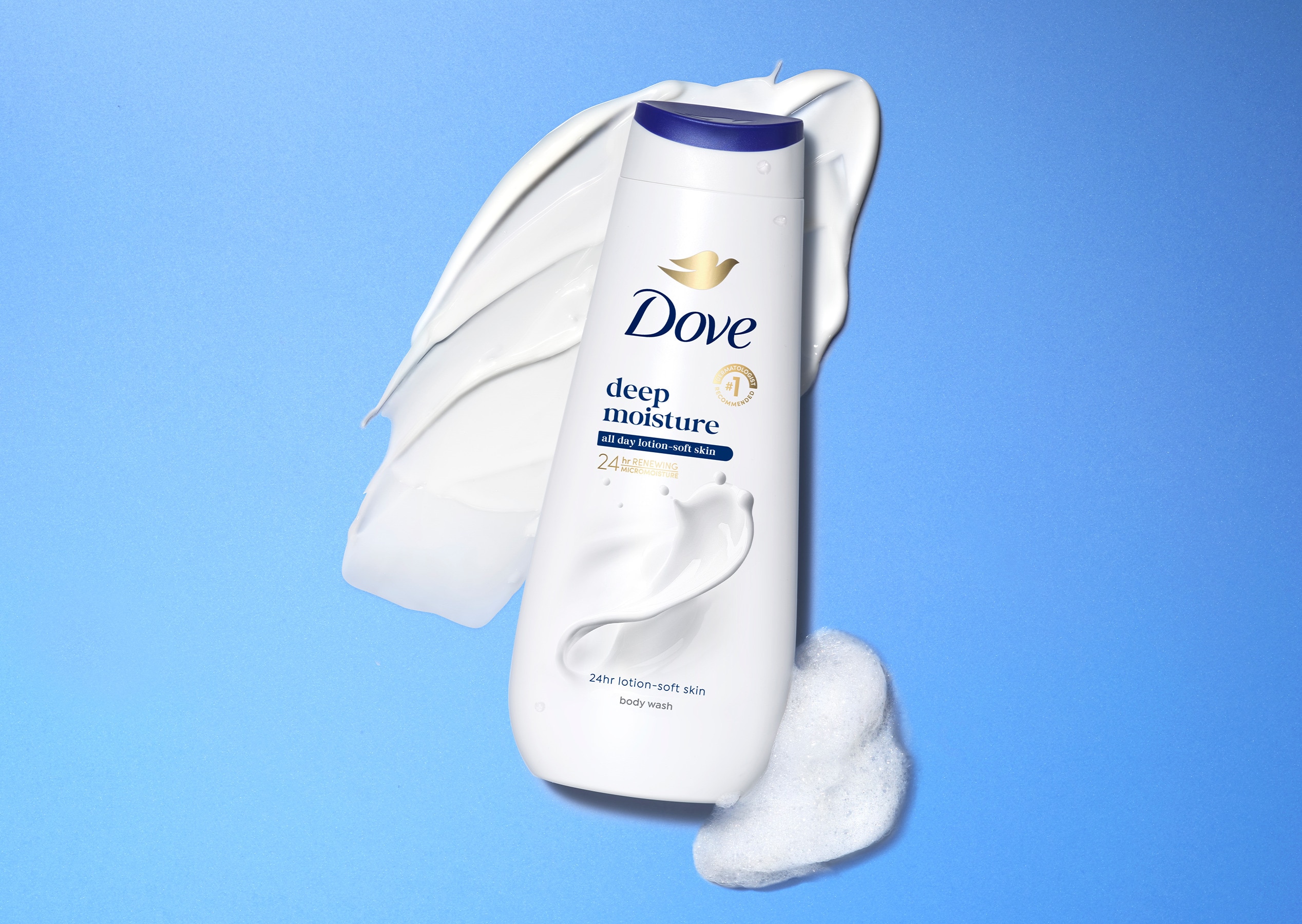 Dove Body Wash against blue background with product texture swatch next to it