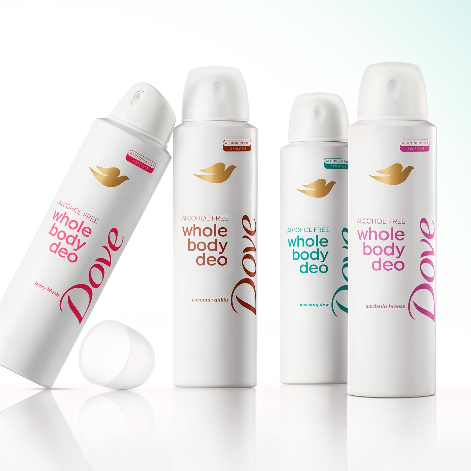 Product line up of four Dove Deodorant spray bottles