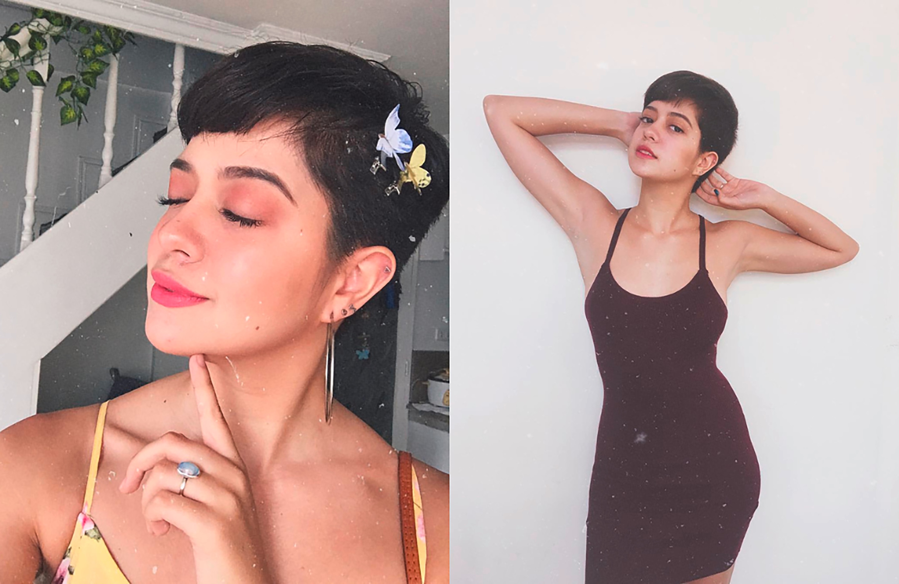 Actress with feminine features wears a boyish hairstyle.