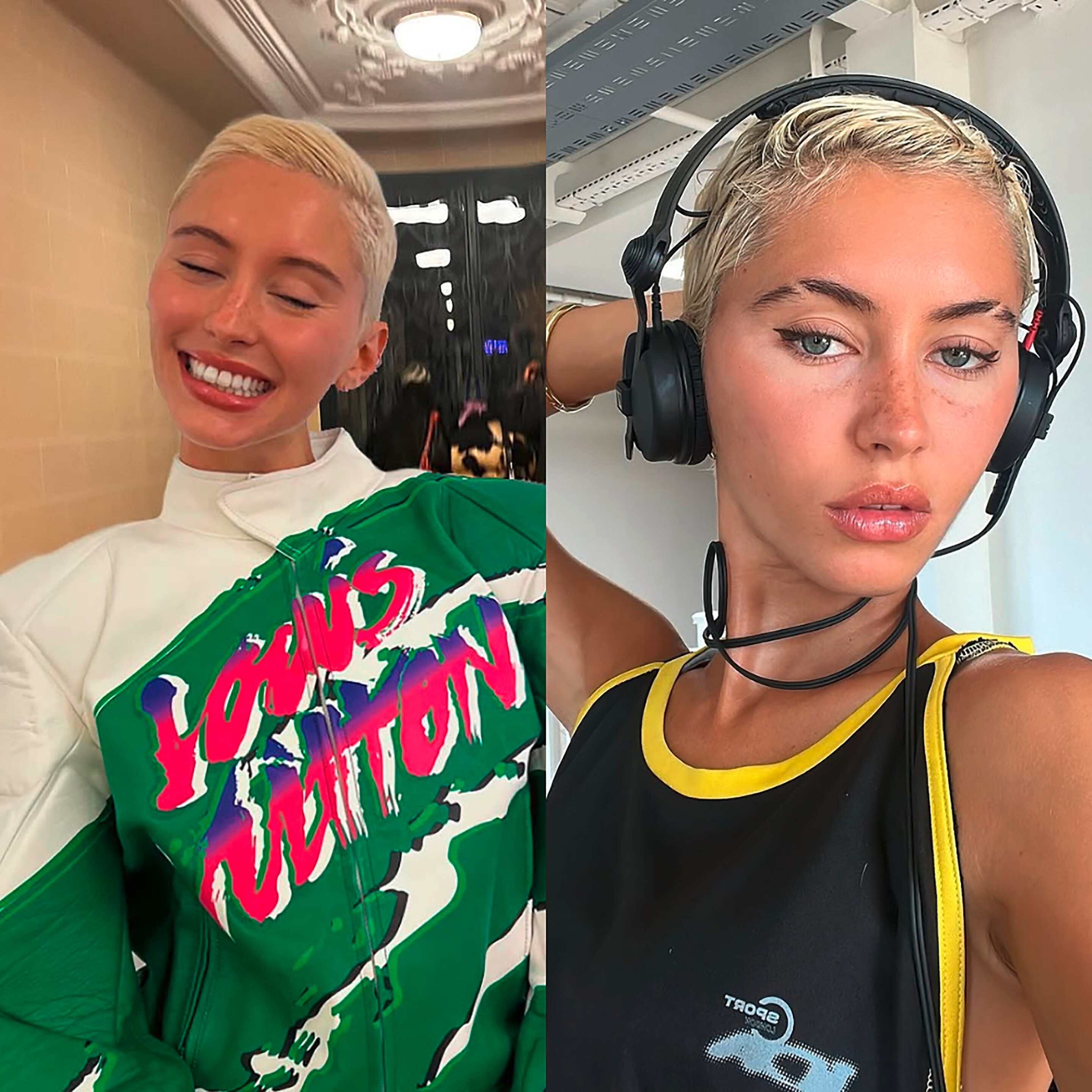 Model wears her short hair slicked back.