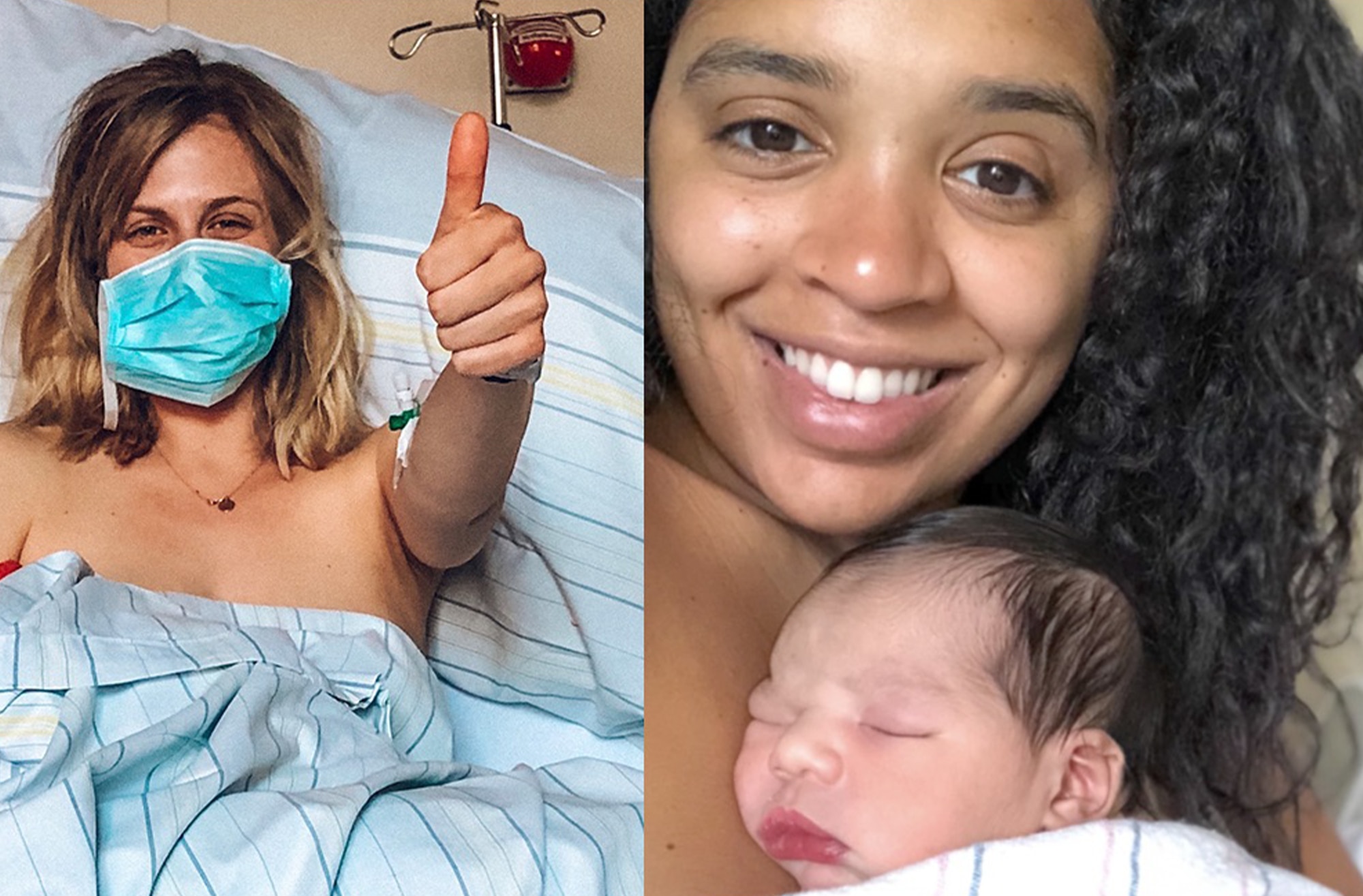 Image split into two images. On the left is a mother-to-be in a hospital bed giving a thumbs up. On the right is a mother holding her newborn and smiling