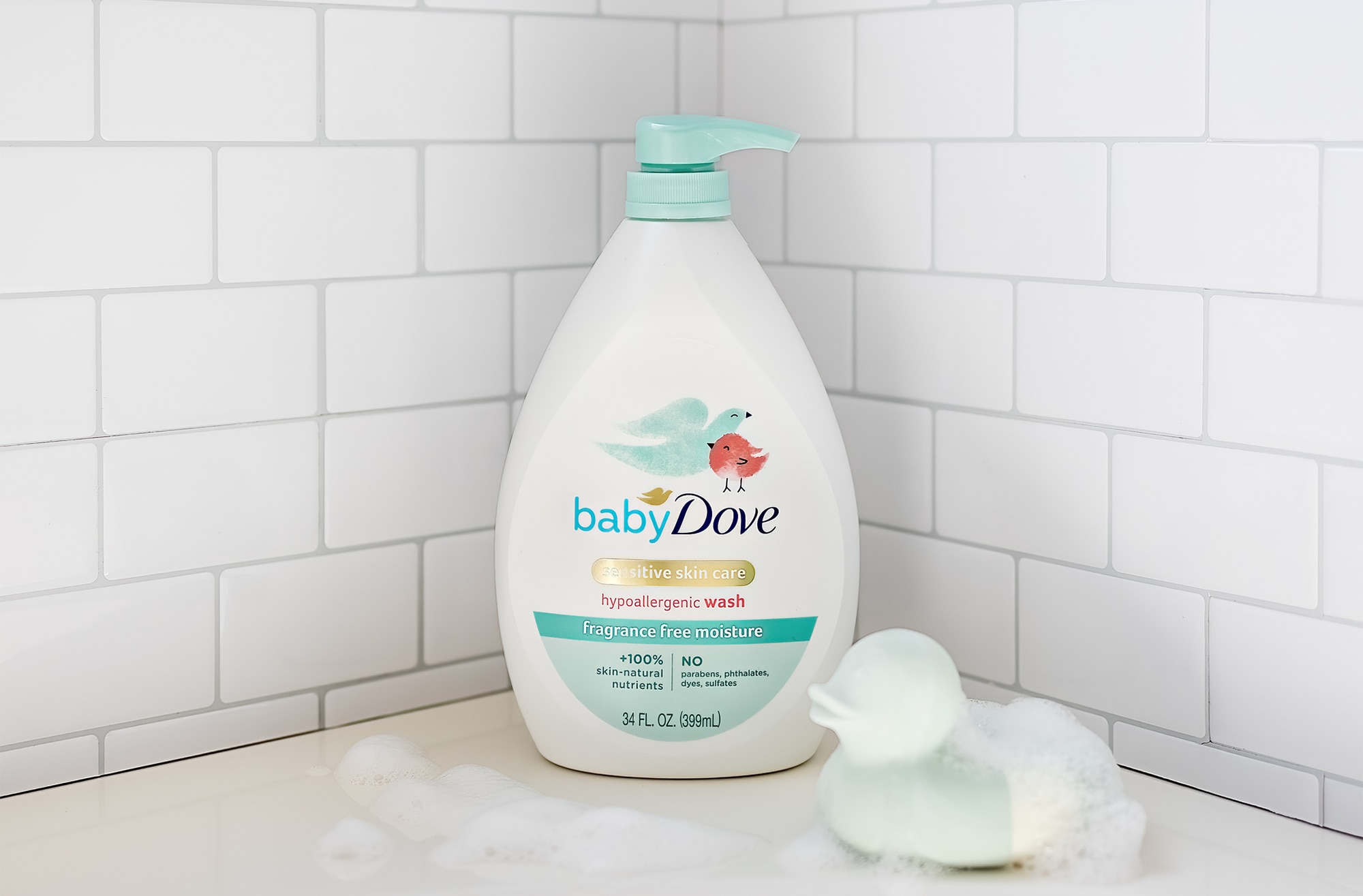 Sensitive Skin Care baby wash bottle in a bathroom