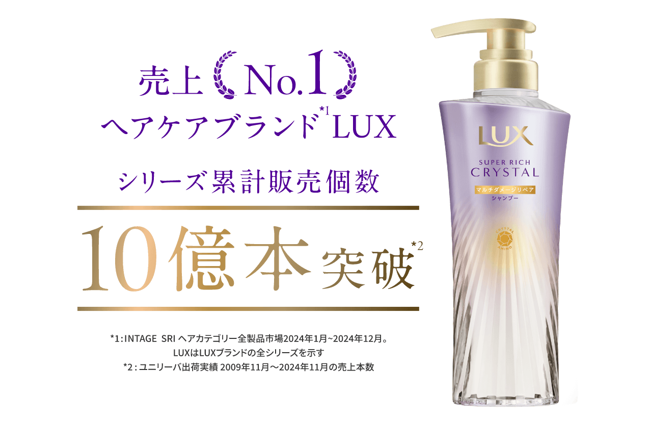 売上No.1ヘアケアブランド*1LUX シリーズ累計販売個数10億本突破*2 *1:INTAGE SRI ヘアカテゴリー全製品市場2024年1月~2024年12月。LUXはLUXブランドの全シリーズを示す *2ユニリーバ出荷実績2009年11月~2024年11月の売上本数