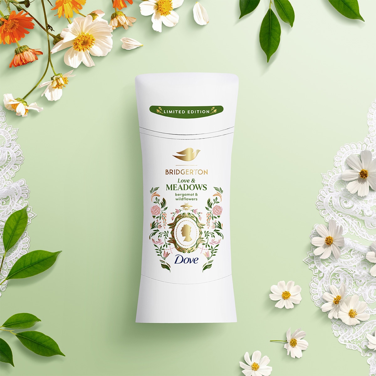 Dove x Bridgerton Love & Meadows Deodorant Stick against a green background with white and orange flowers in the corner. 