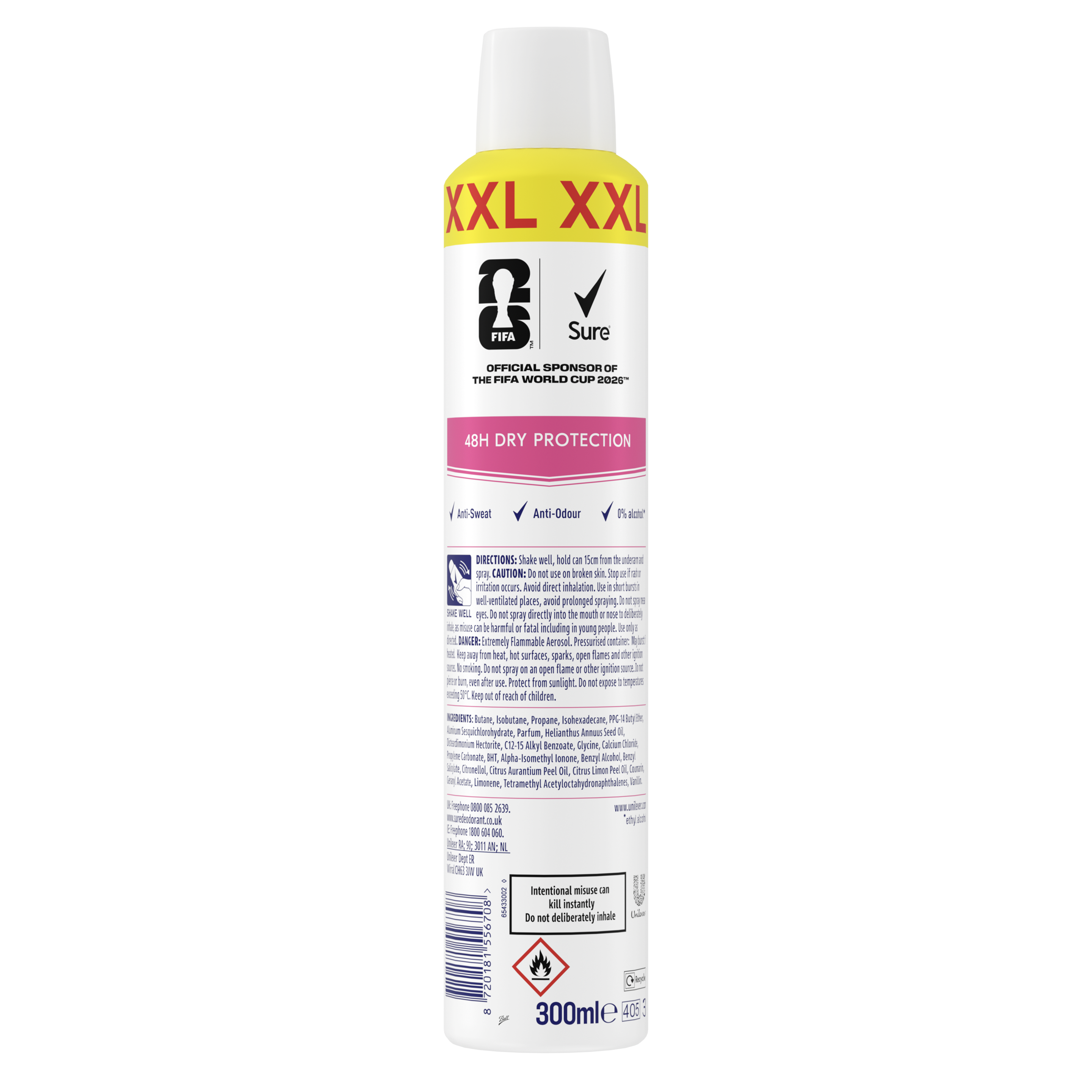 Sure FIFA Limited Collection Bright Bouquet XXL women's deodorant spray with a strawberry, apricot & vanilla fragrance Anti-Perspirant Aerosol for 48 hour dry protection 6x 300 ml packshot