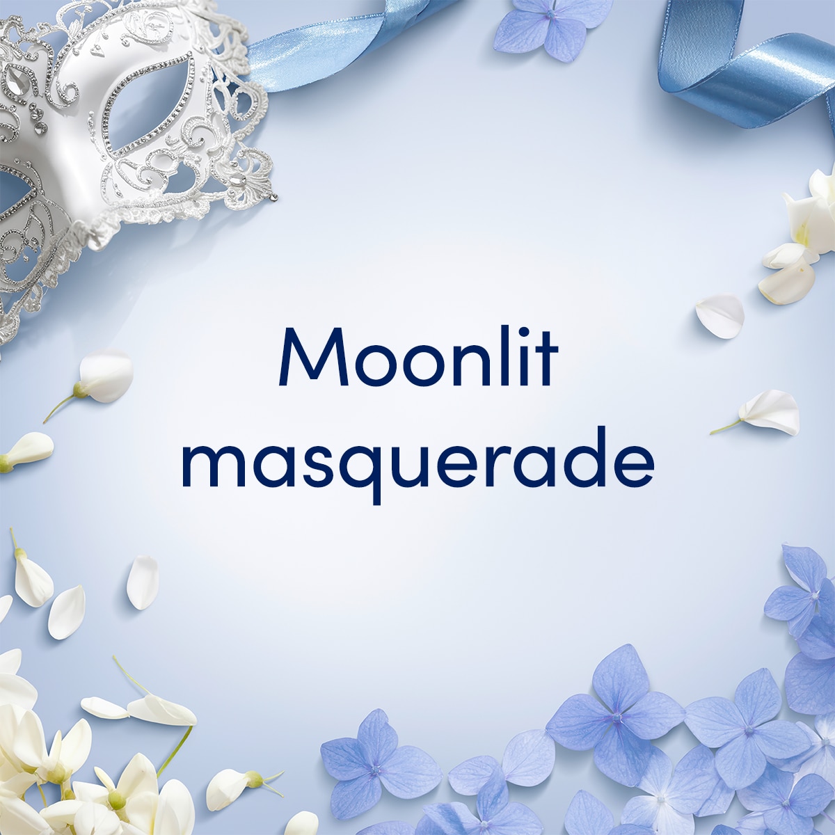 Baby blue background with a masquerade mask in the corner. 