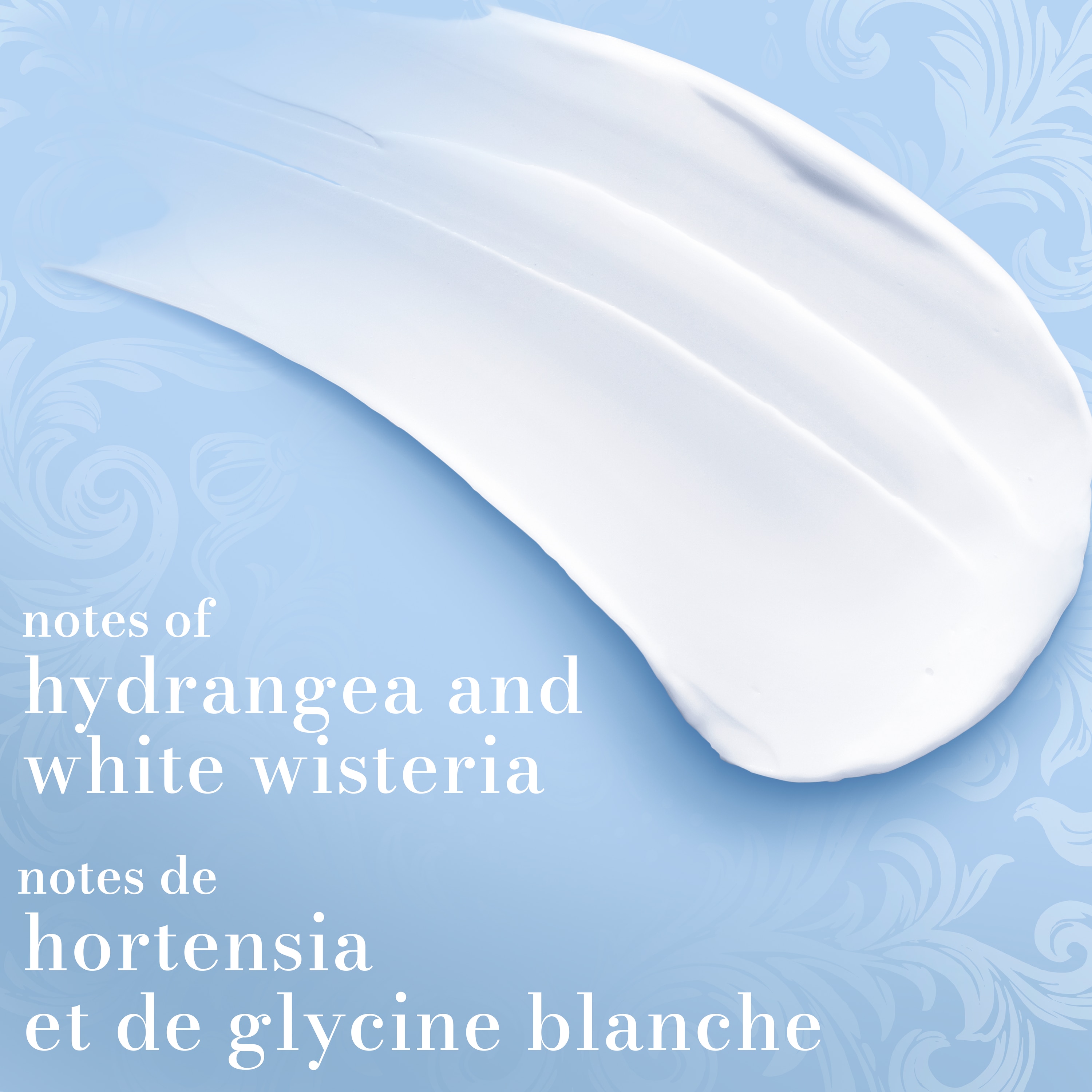 blue background with wisteria flowers along the border