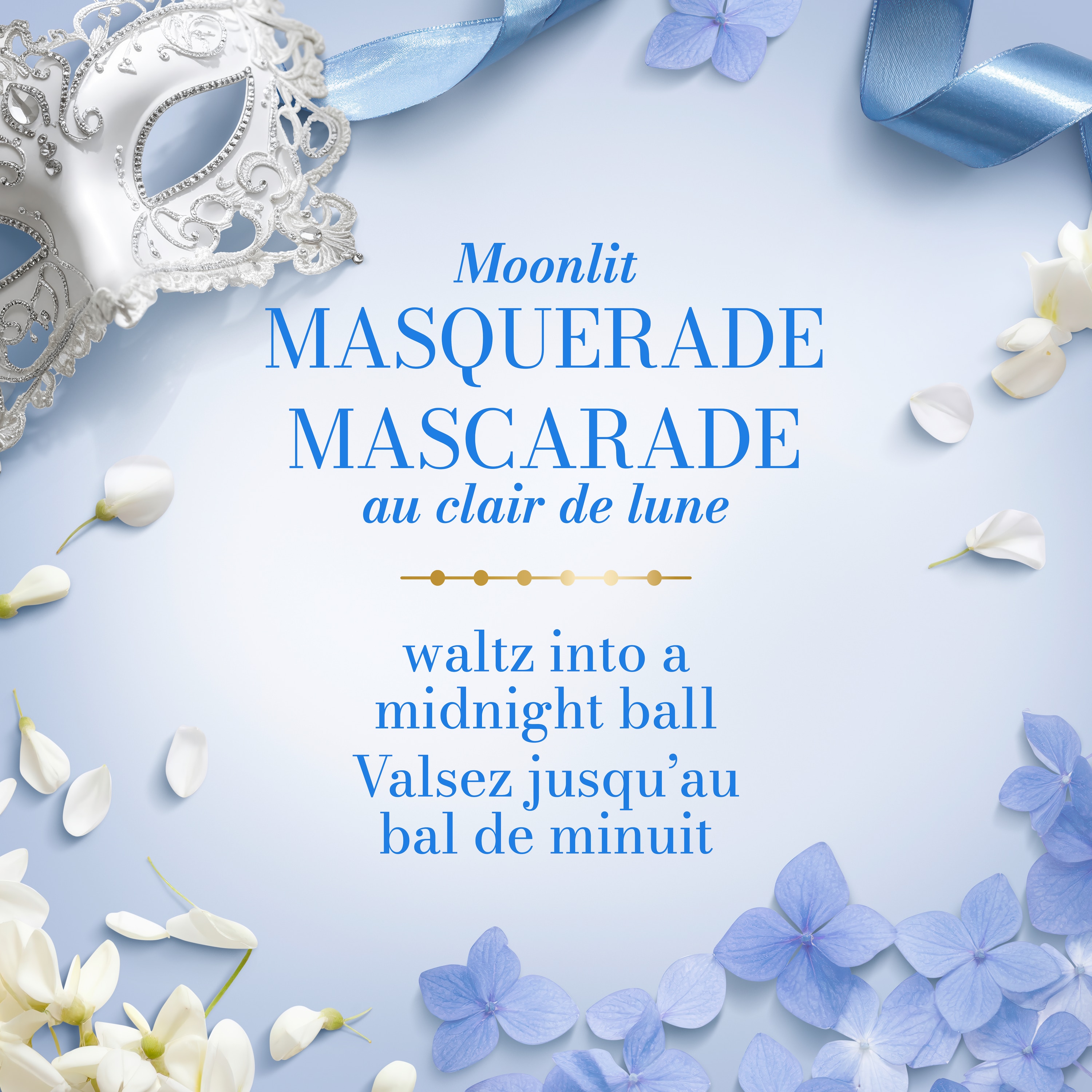 Baby blue background with a masquerade mask in the corner. 