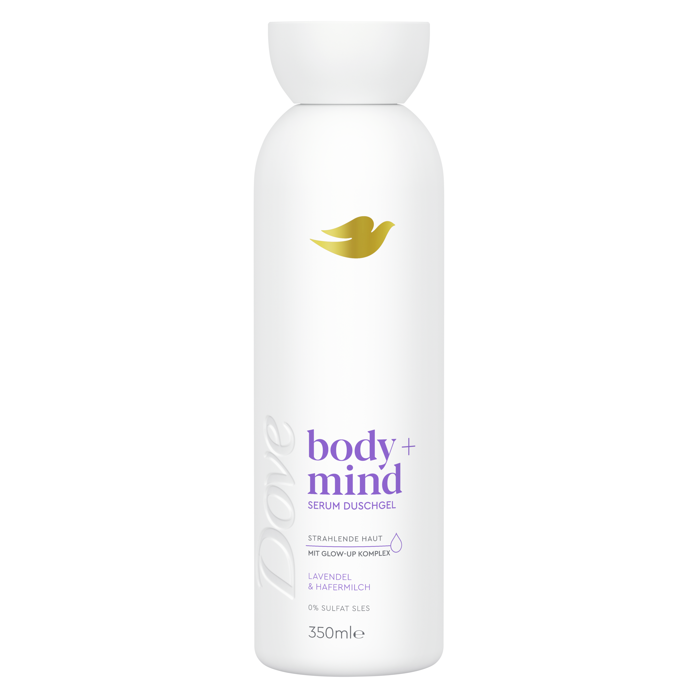 Dove body + mind Serum Duschgel Lavendel & Hafermilch 350 ml in einem weißen Design packshot