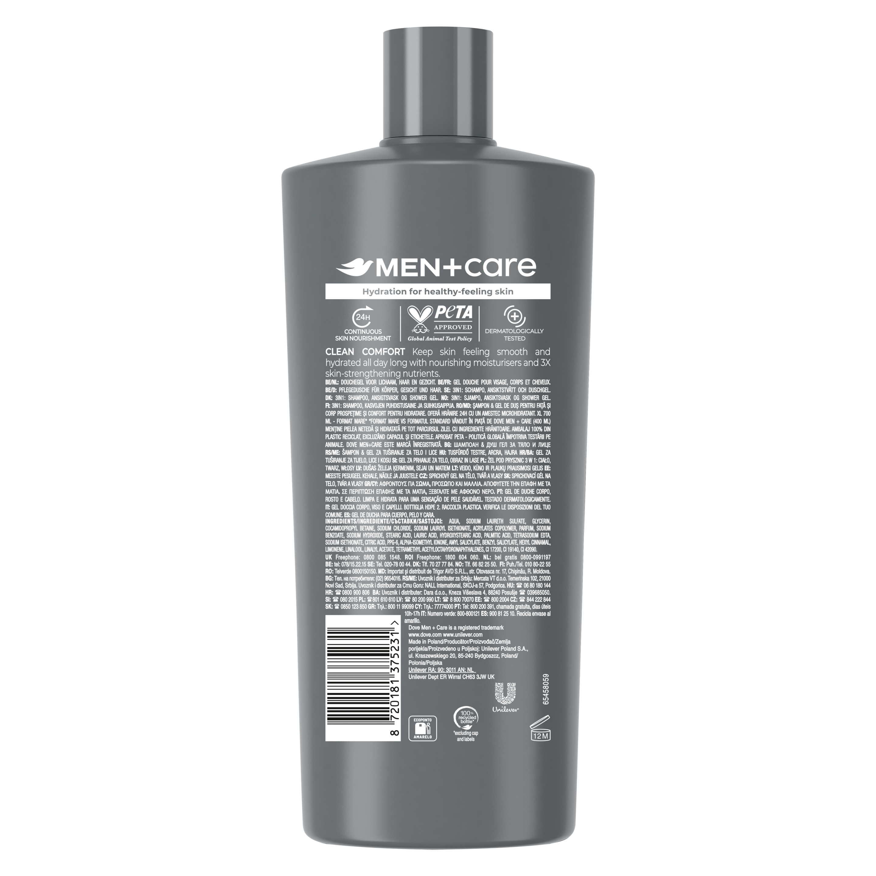 Dove Men+Care Hydrating Clean Comfort 3-in-1 Body, Face + Hair Wash 700ml