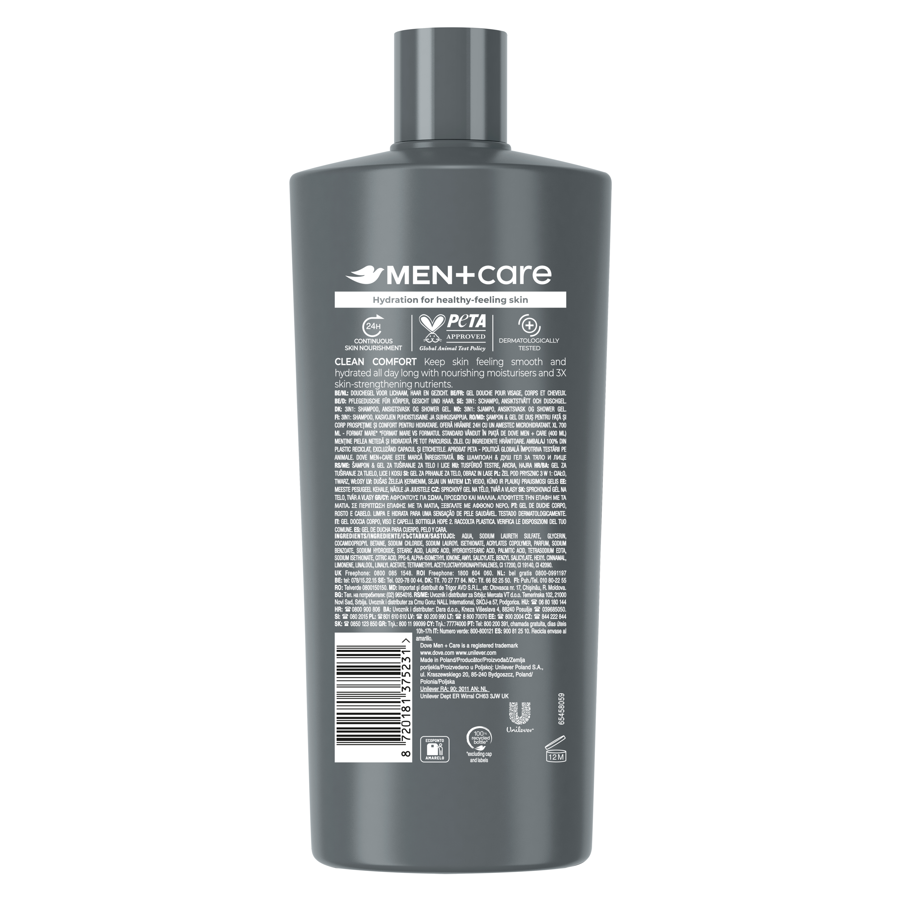 Dove Men+Care Hydrating Clean Comfort 3-in-1 Body, Face + Hair Wash 700ml