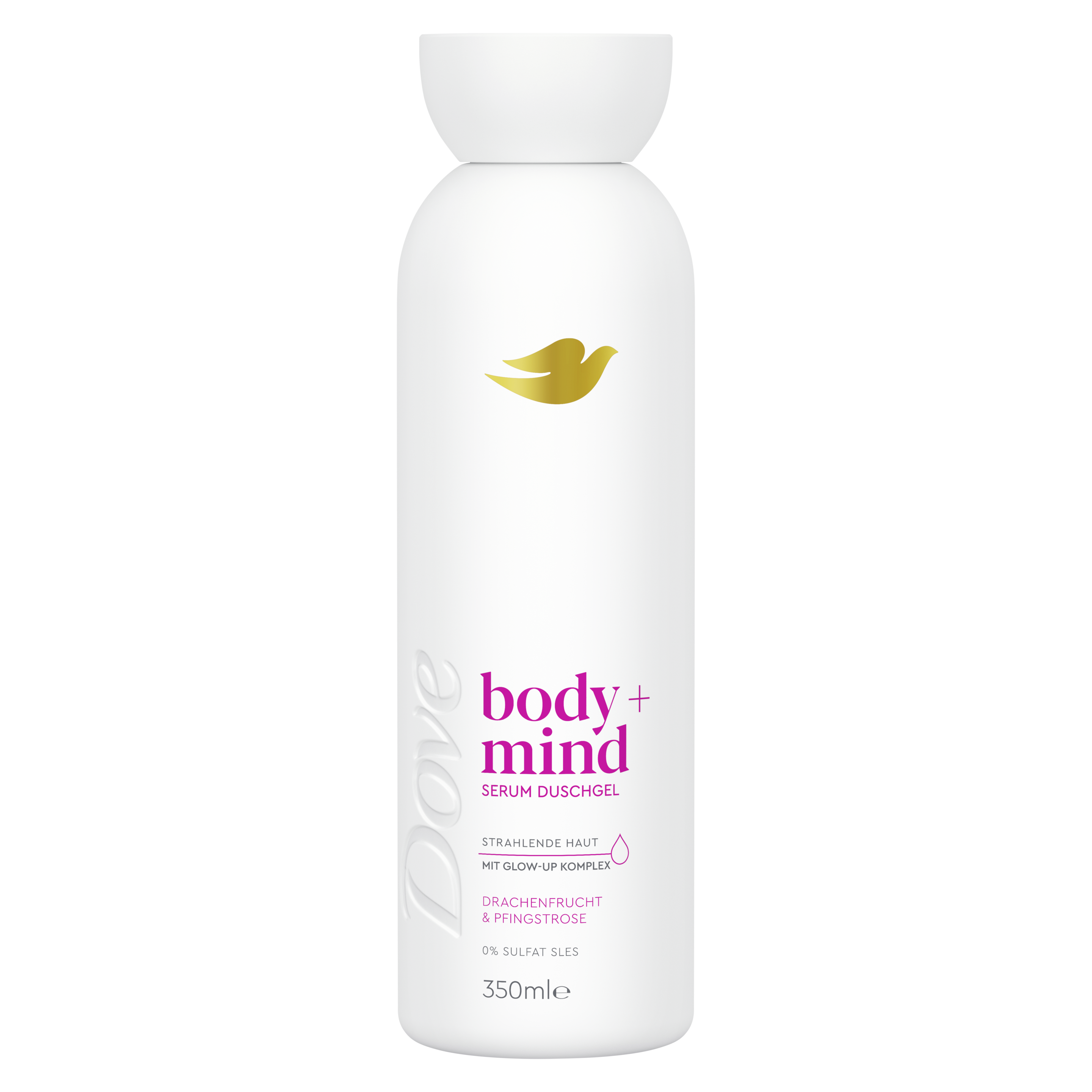 Dove body + mind Serum Duschgel Drachenfrucht & Pfingstrose 350 ml in einem weißen Design packshot