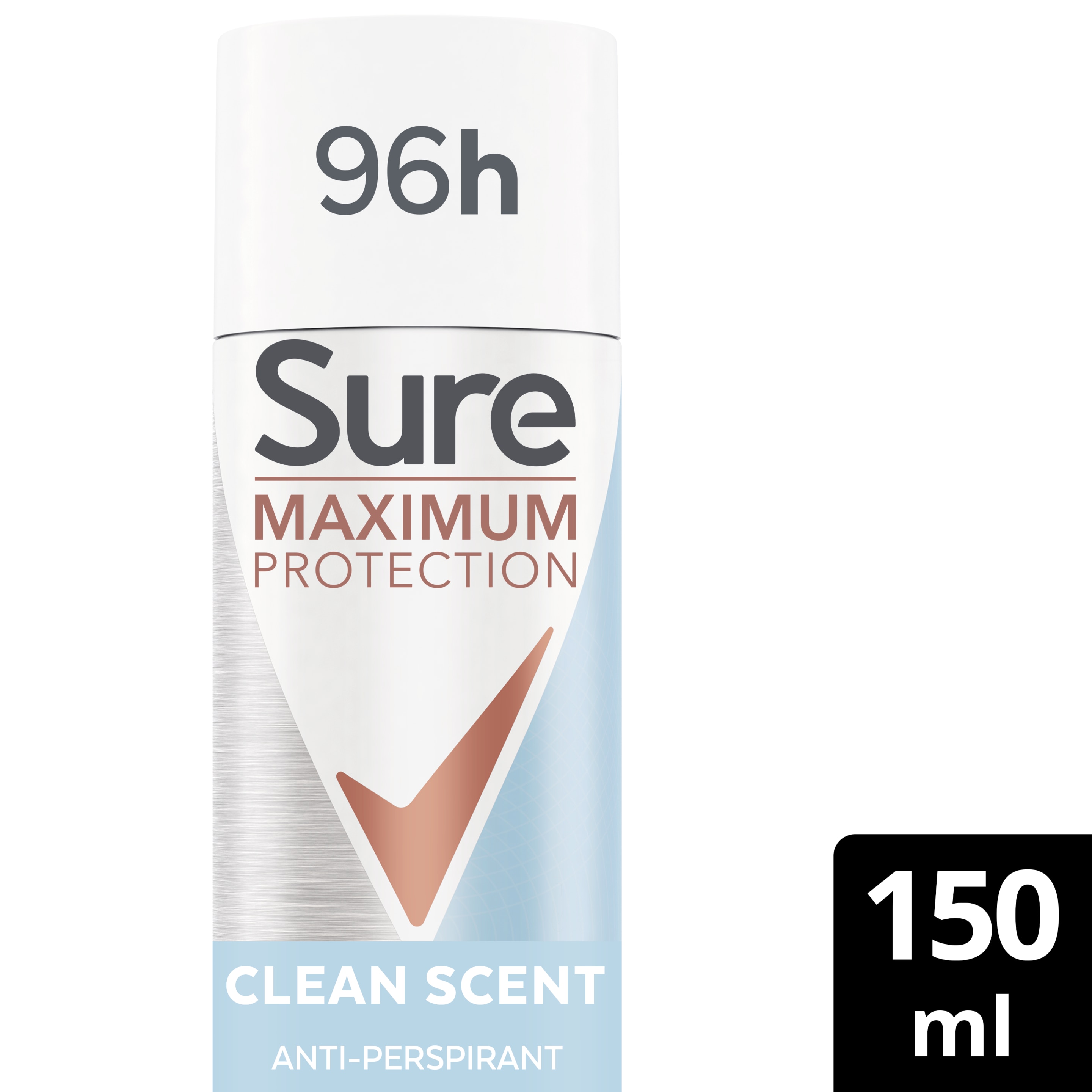Sure Maximum Protection Clean Scent Women's Deodorant Spray with 3x stronger* sweat protection Anti-Perspirant Aerosol for 96 hour sweat and odour protection 6x 150 ml packshot