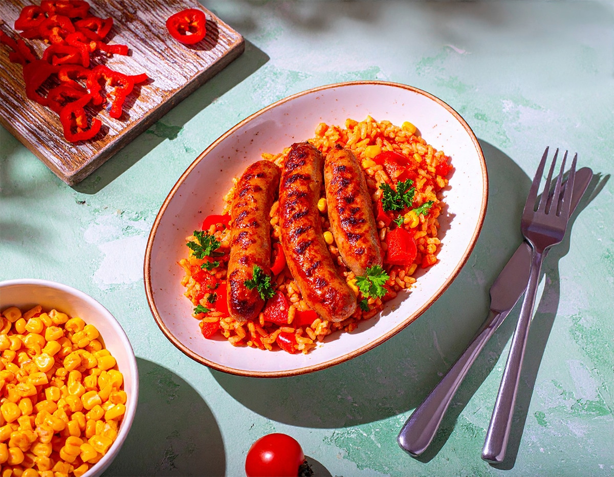 Bratwürstchen mit Gemüsereis 30 Min  recipe
