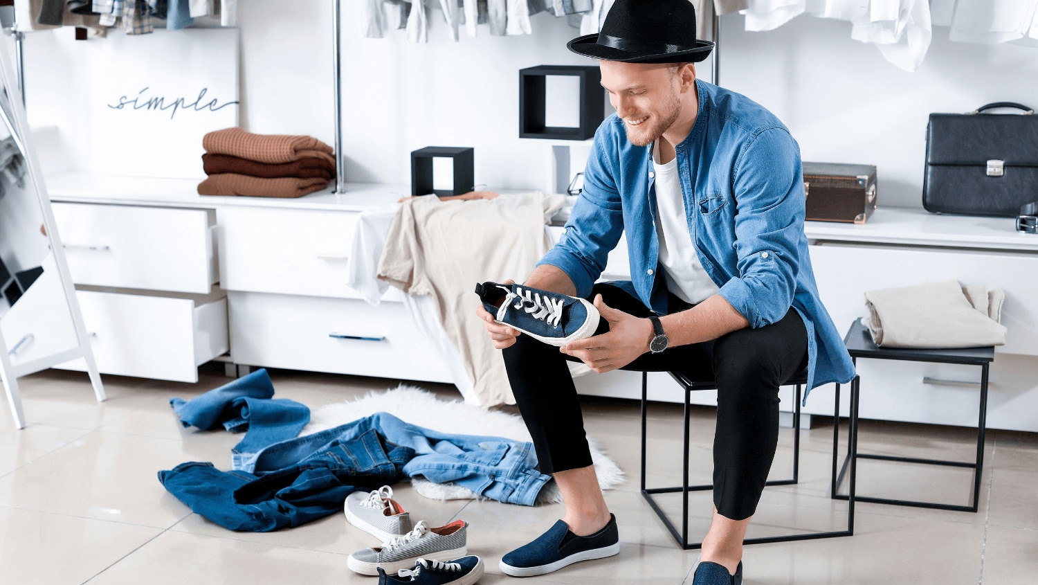 Young Gen Z male trying on shoes