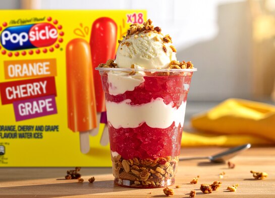 Popsicle cherry and vanilla parfait in a plastic cup