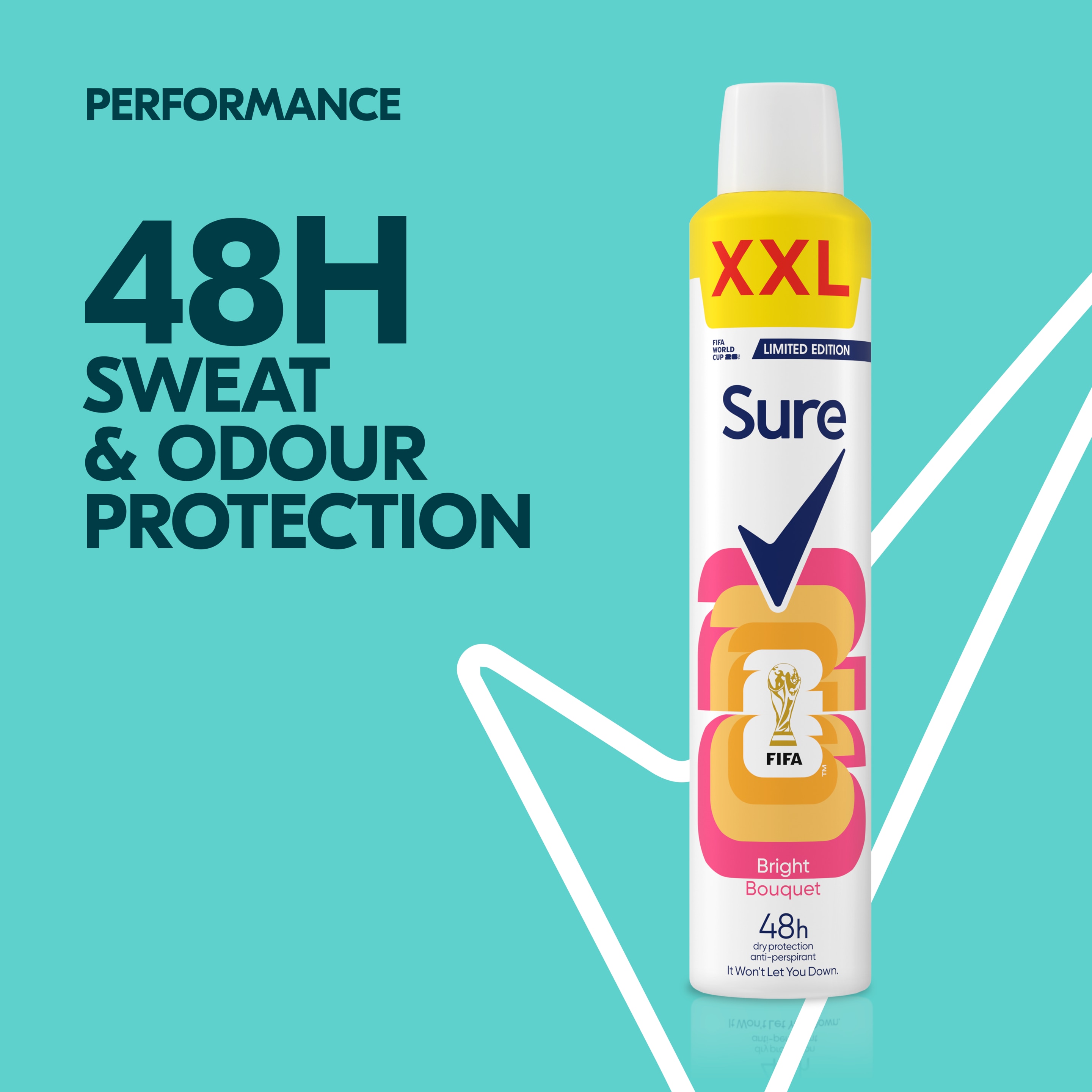 Sure FIFA Limited Collection Bright Bouquet XXL women's deodorant spray with a strawberry, apricot & vanilla fragrance Anti-Perspirant Aerosol for 48 hour dry protection 6x 300 ml packshot