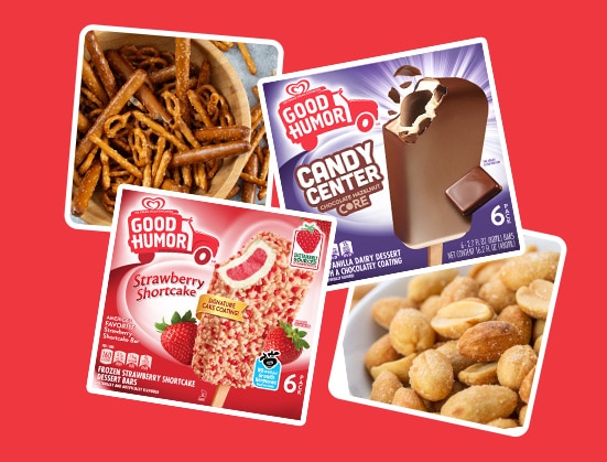 A flat lay of sweet and salty dessert ingredients including pretzels, marshmallows, chocolate sauce, and roasted peanuts on a red background.