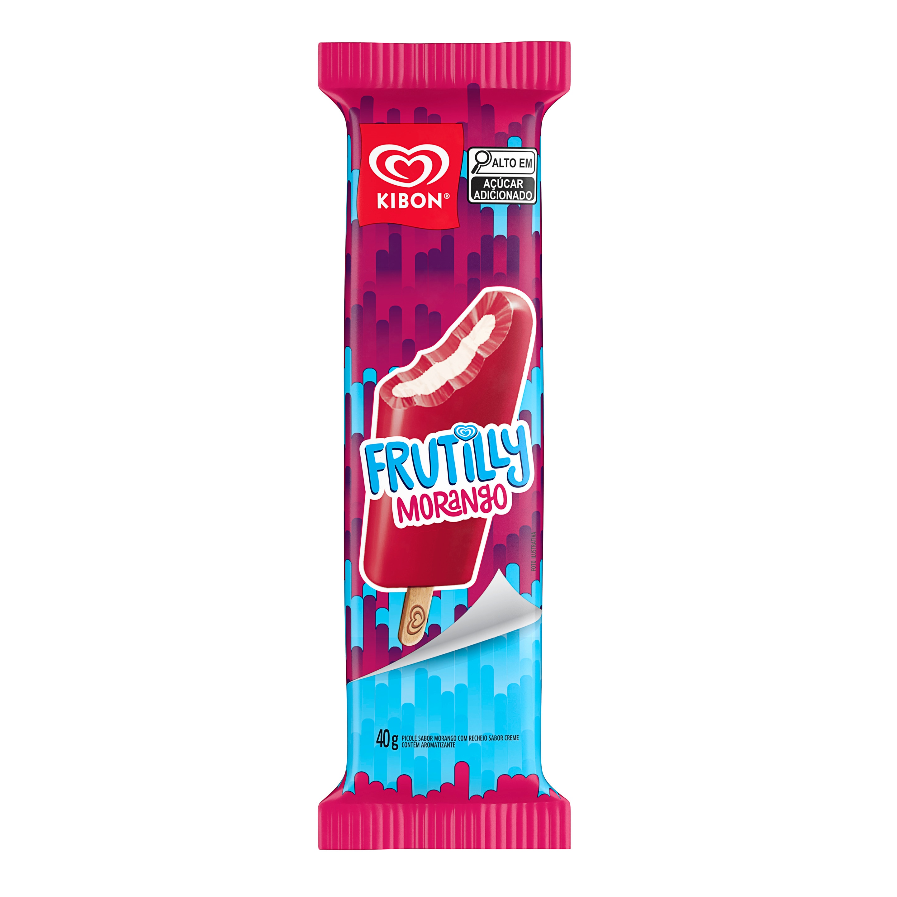 Picolé Frutilly rosa com uma mordida na ponta