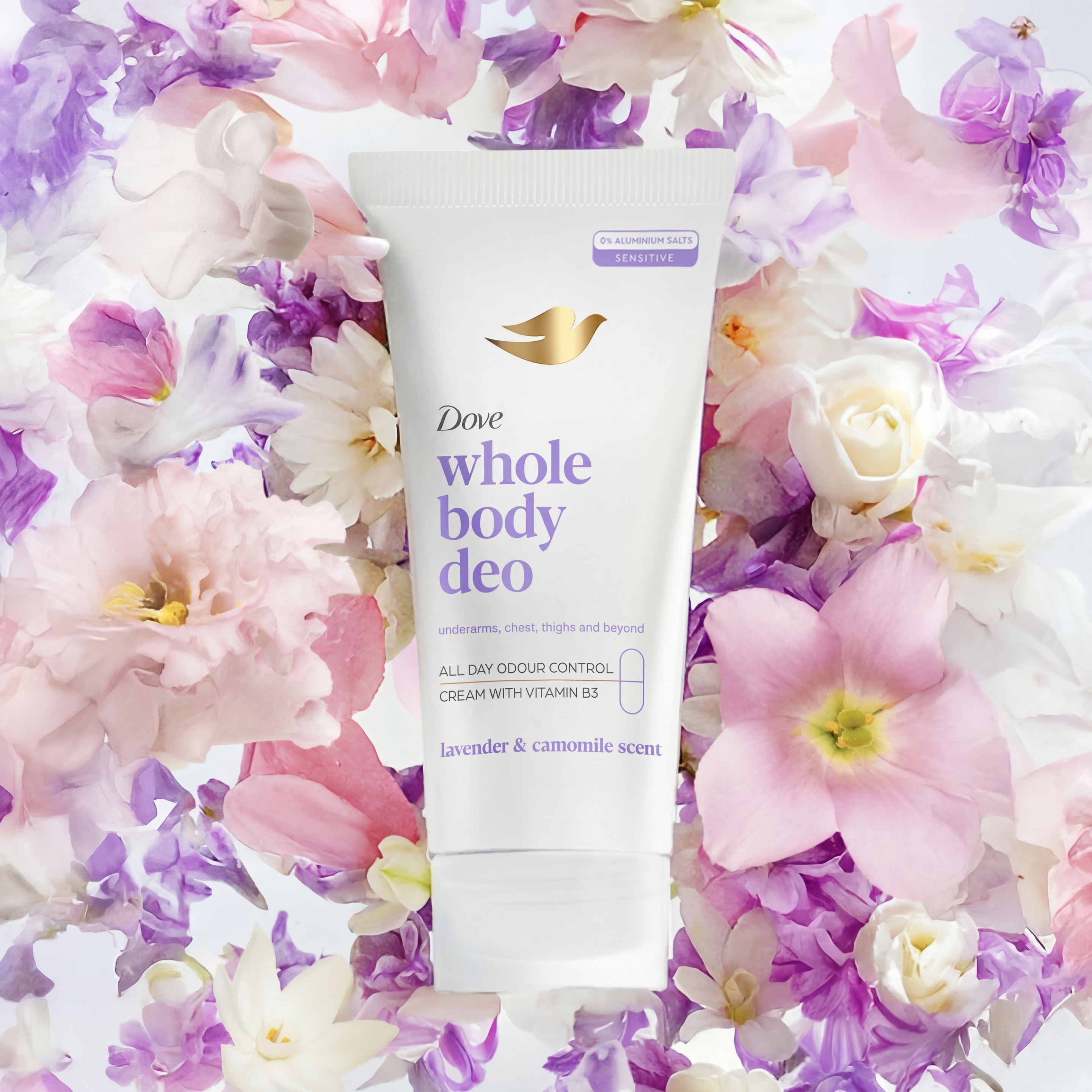 Dove Whole Body Cream Product with a floweral background 