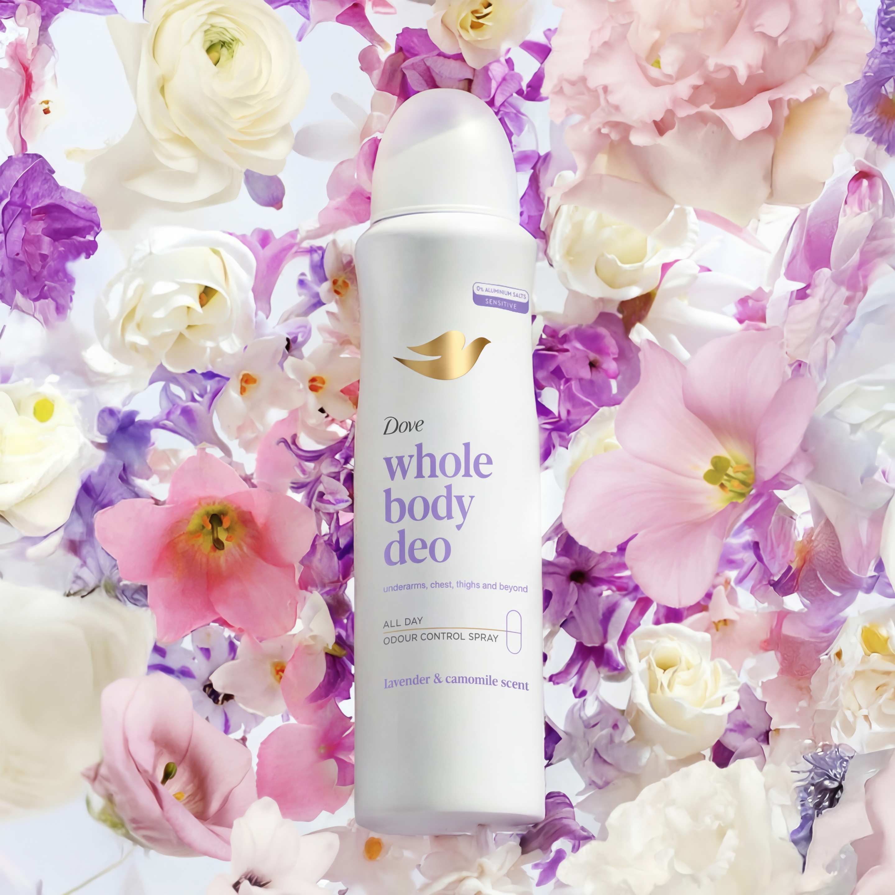 Dove Whole Body Spary with floweral background