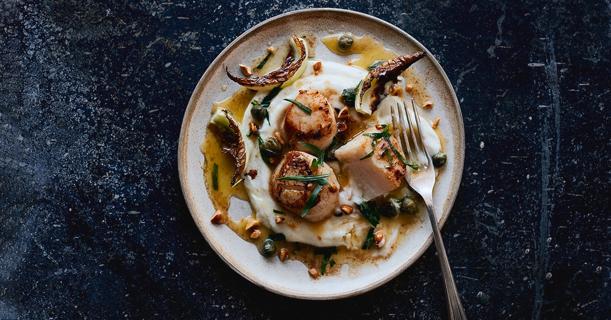 Seared Scallops with Mustard Sauce and Cauliflower Puree