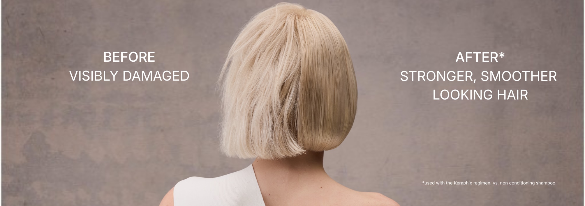 A model is shown in before & after style image. Model's before hair is visibly damaged. Her after hair is stronger, smoother looking hair.