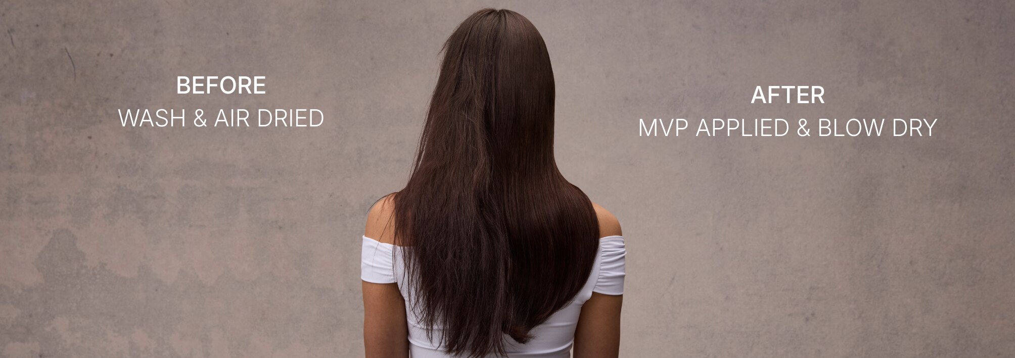 A model is shown in a before & after style image. The model’s before hair is washed and air dried. Her after hair has MVP applied and is blow dried.