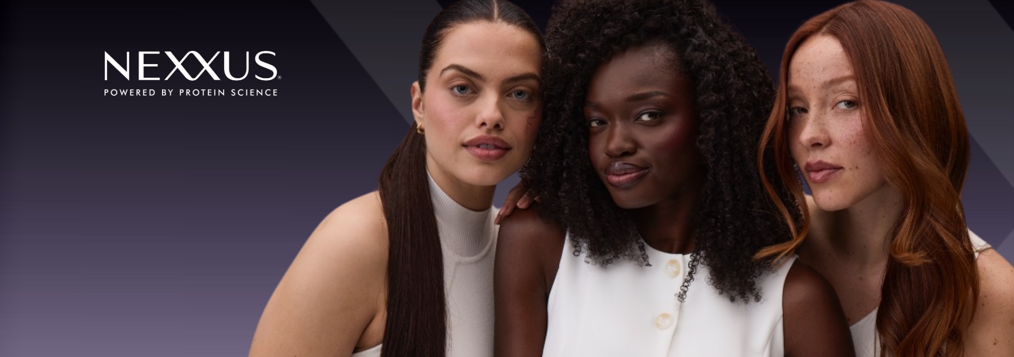 Three women with beautifully styled hair, highlighting contrasting textures