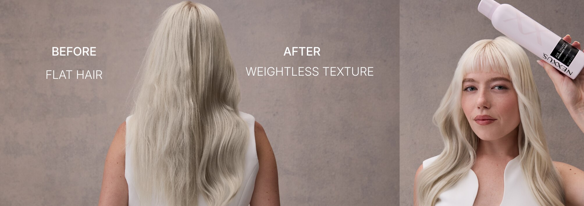 A model is shown in before & after style image. Model's before hair is flat. Her after hair has weightless, airy volume.