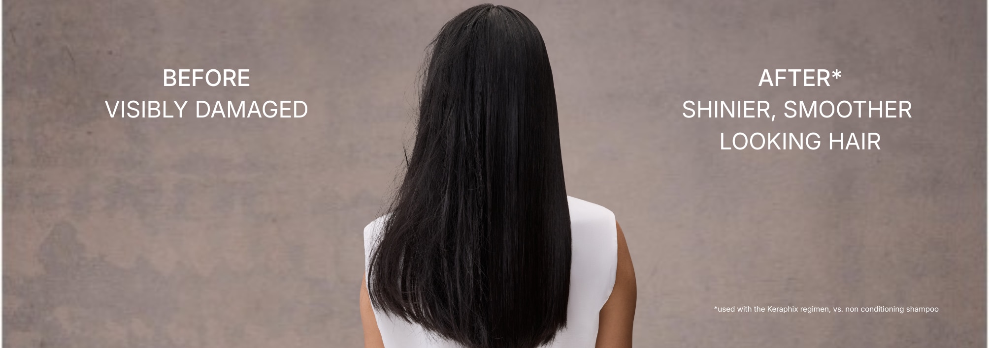 A model is shown in before & after style image. Model's before hair is visibly damaged. Her after hair is shinier, stronger looking hair.