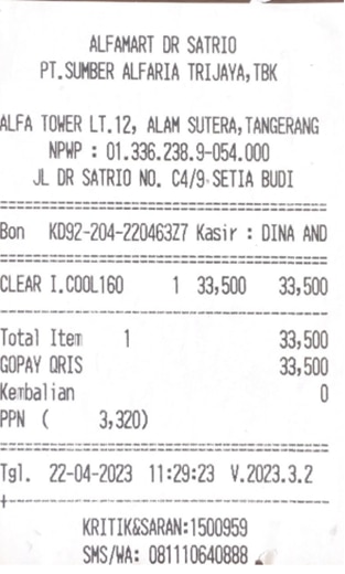 Contoh struk dari Supermarket/Hypermarket
/Minimarket/Ritel Lokal/Klik Indomaret/Alfagift/Midi Kriing