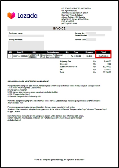 Invoice digital yang berisikan pembelian produk CLEAR Fresh Cool Lemon Shampoo 300ml di toko online Unilever Flagship Store Lazada.