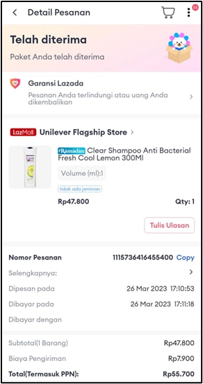 Bukti screenshot halaman “Detail Pesanan” pada aplikasi Lazada yang memperlihatkan status produk CLEAR Fresh Cool Lemon Shampoo 300ml sudah “Selesai”.